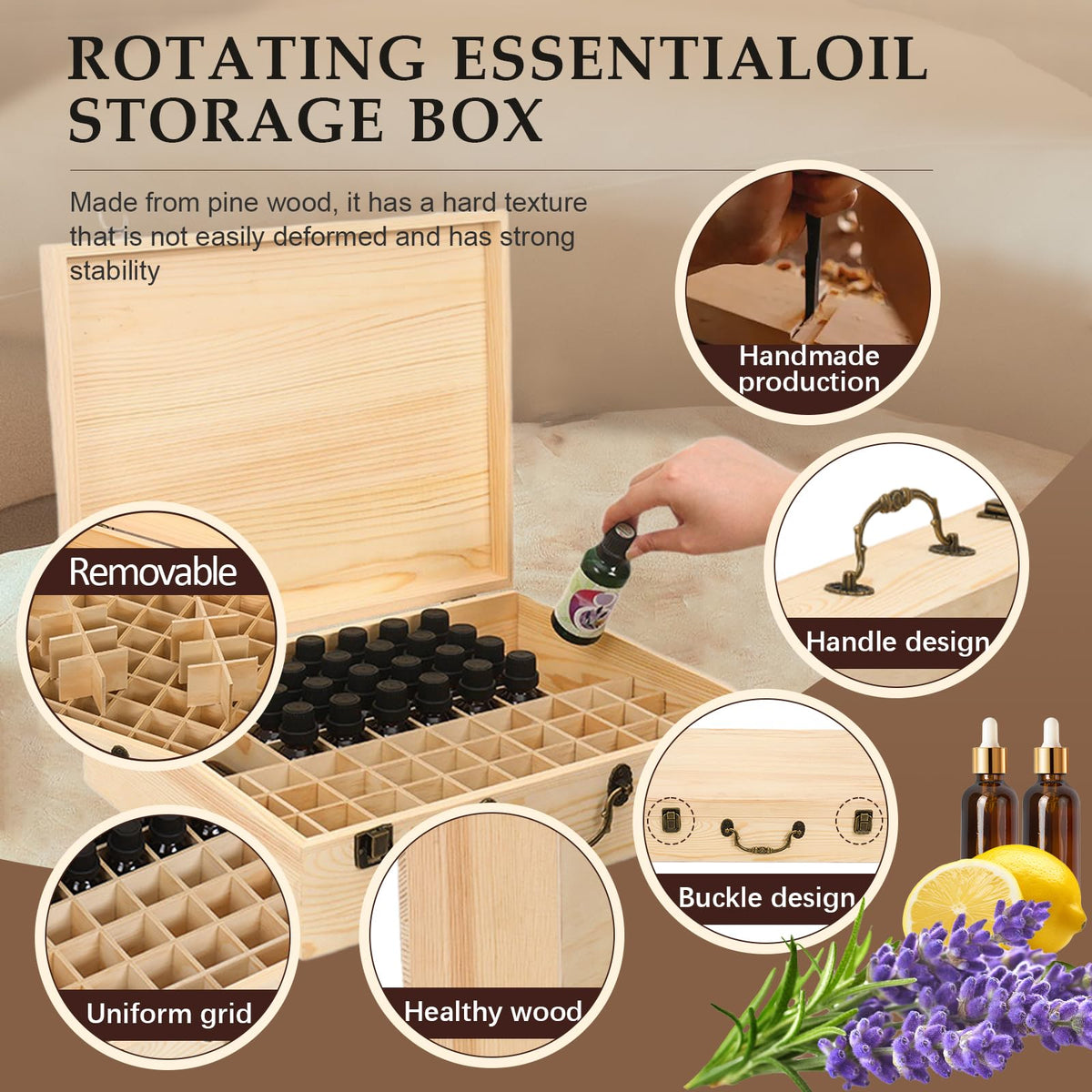 JasCherry Wooden Essential Oil Storage Box Home Fragrance Carrier Case with Lid, Essential Oils Display Organizer Holds 80 Bottles - image 2