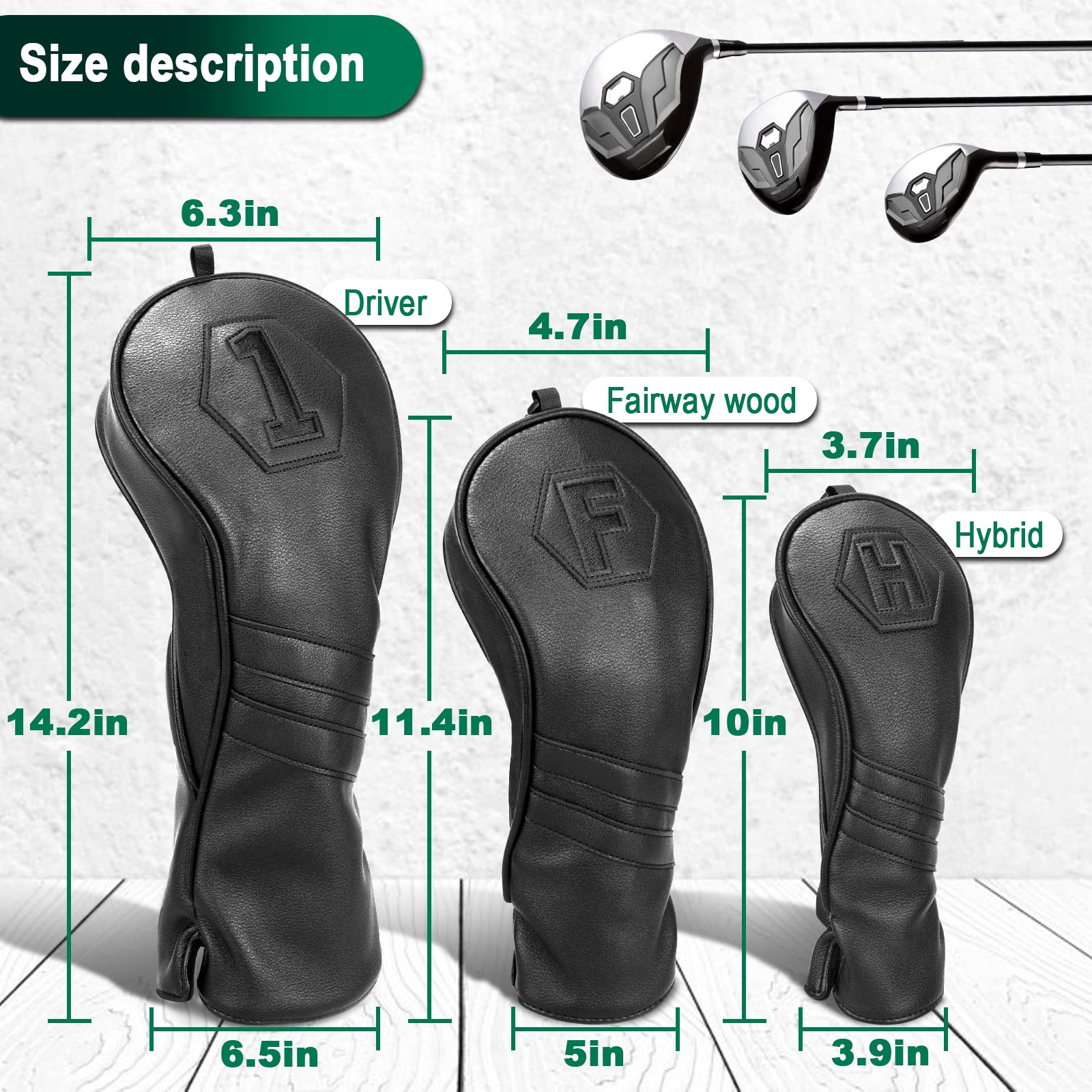 Golf Club Head Covers 3-Pack | Black PU Leather Wood Set