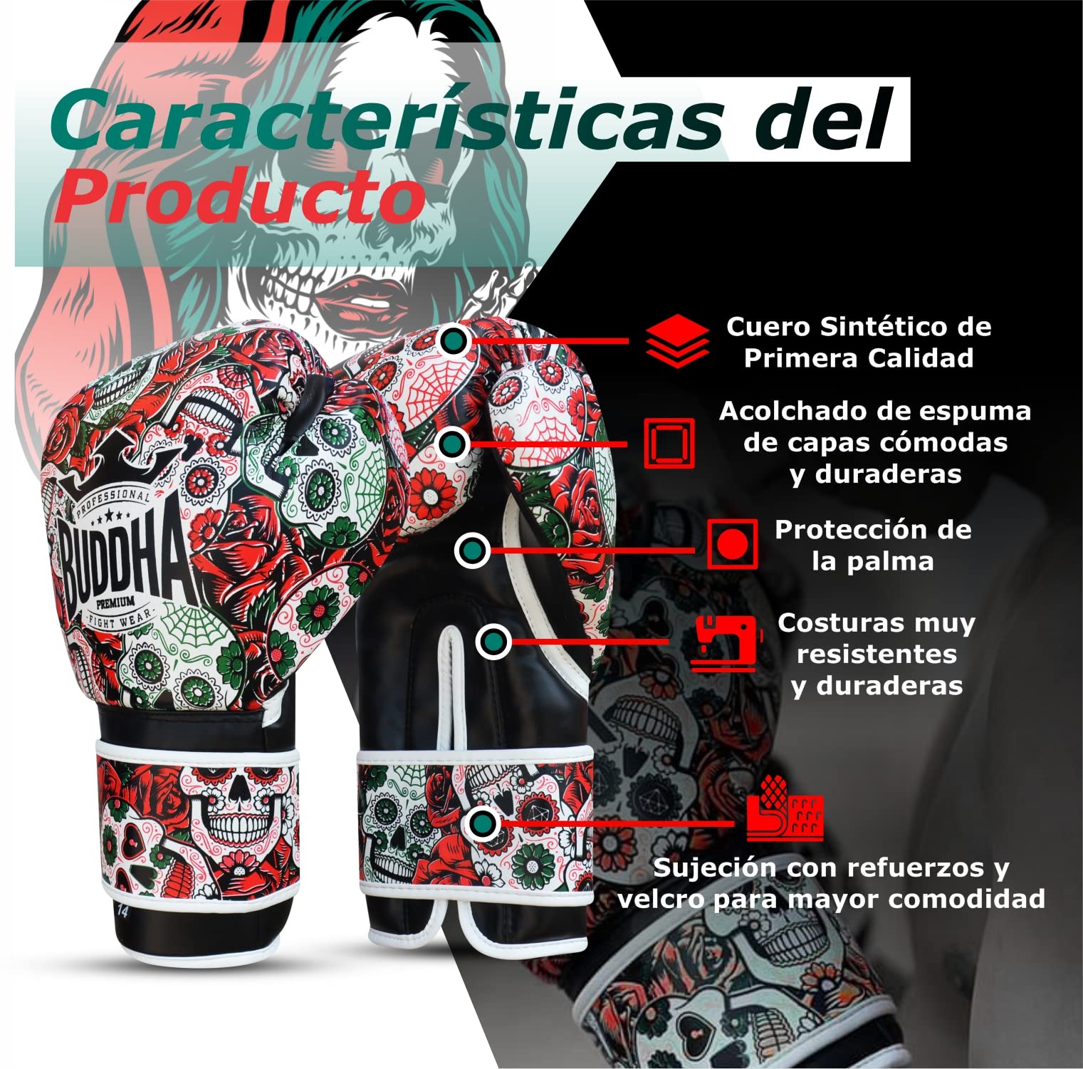 Buddha Fight Wear Mexican Boxing Gloves - GS-3 Synthetic Leather - Red