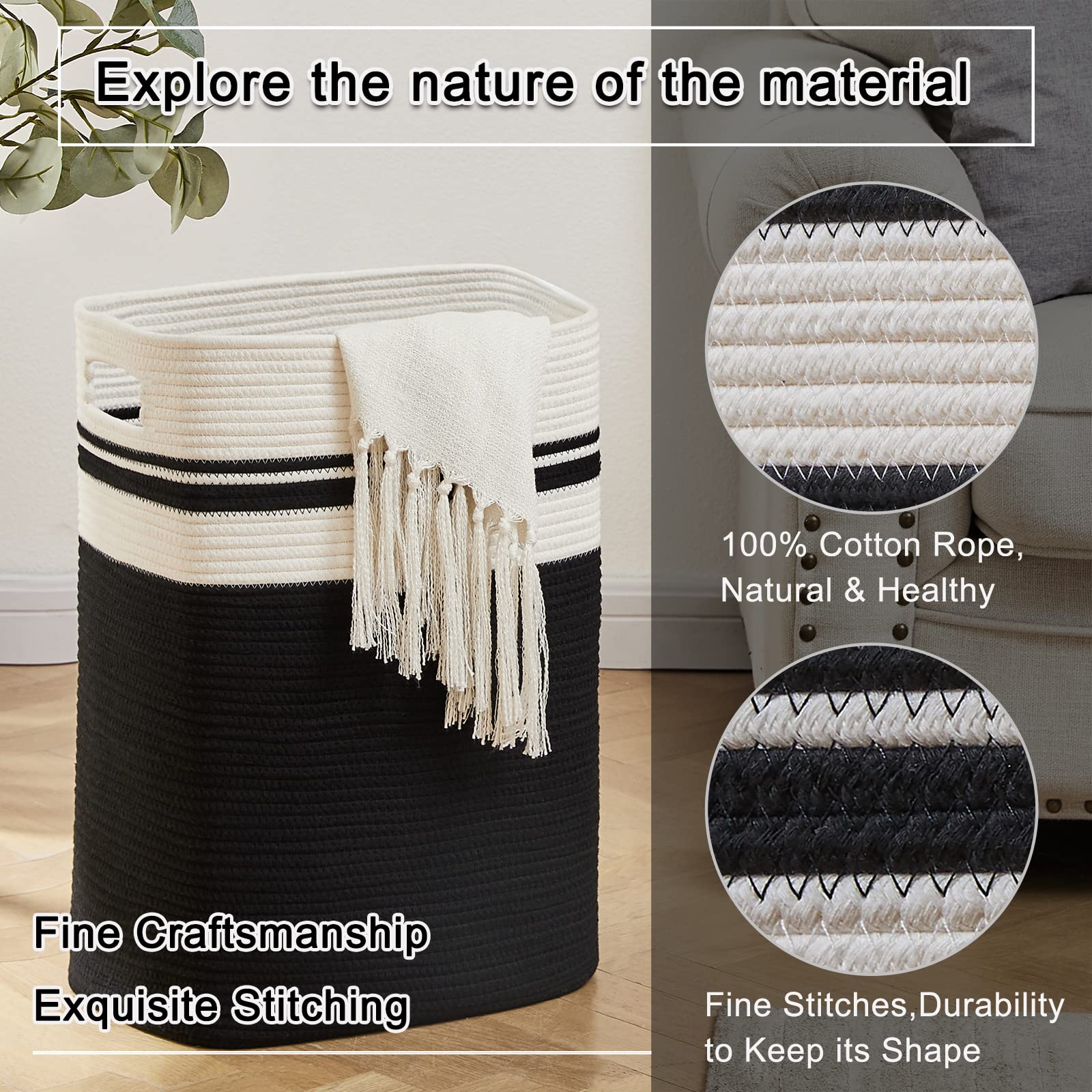 OIAHOMY Tall Cotton Laundry Hamper | Large Woven Storage Basket - Black