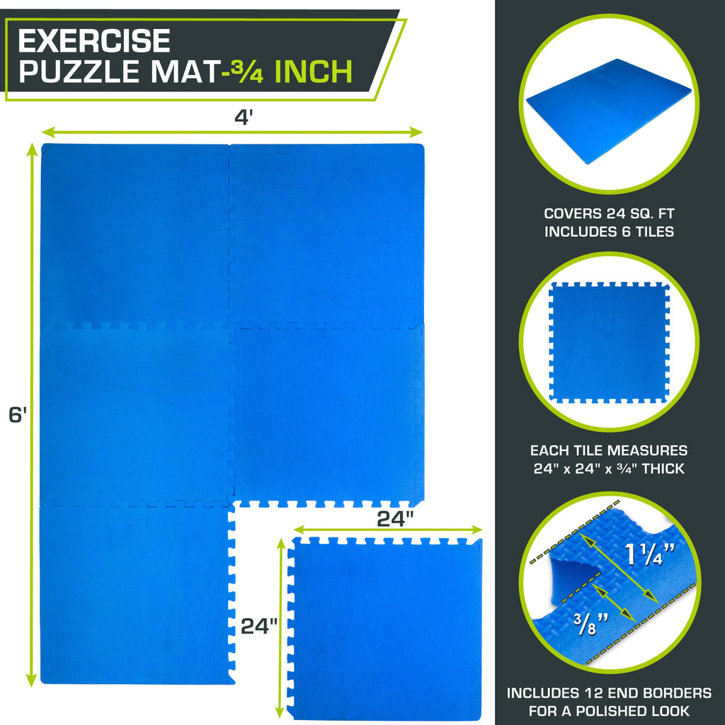 ProsourceFit Extra Thick EVA Foam Interlocking Exercise Mat, Blue, 24 Sq Ft
