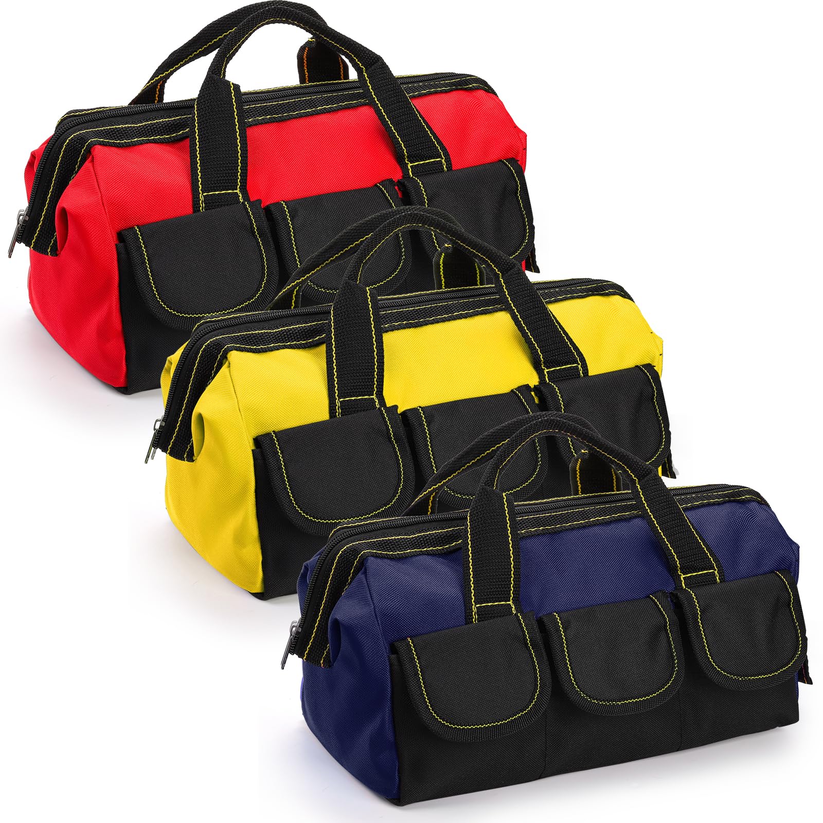 Mezchi 13" Wide Mouth Tool Bag - 3 Pack Heavy Duty Tote with 5 Pockets