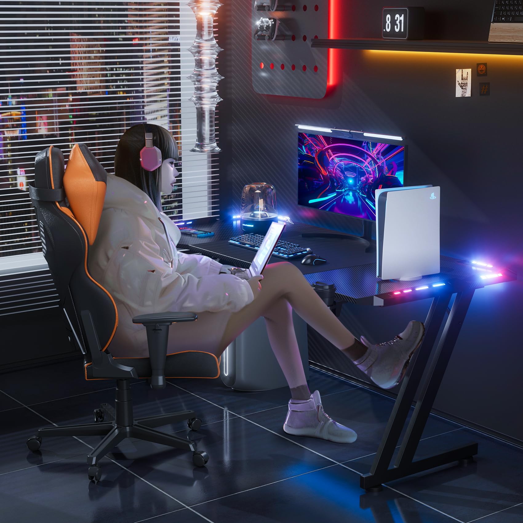 DLONGONE 140cm RGB Gaming Desk – Carbon Fiber Large PC Table with Hook