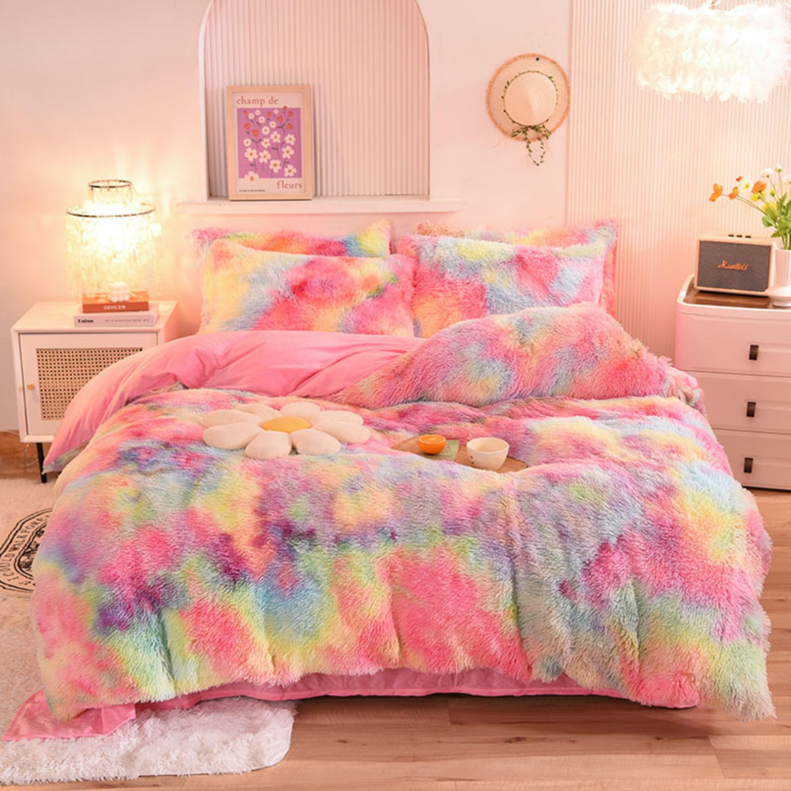 ZIQINPSQ Tie Dye Plush Shaggy Duvet Cover Set | Pink Faux Fur Bedding