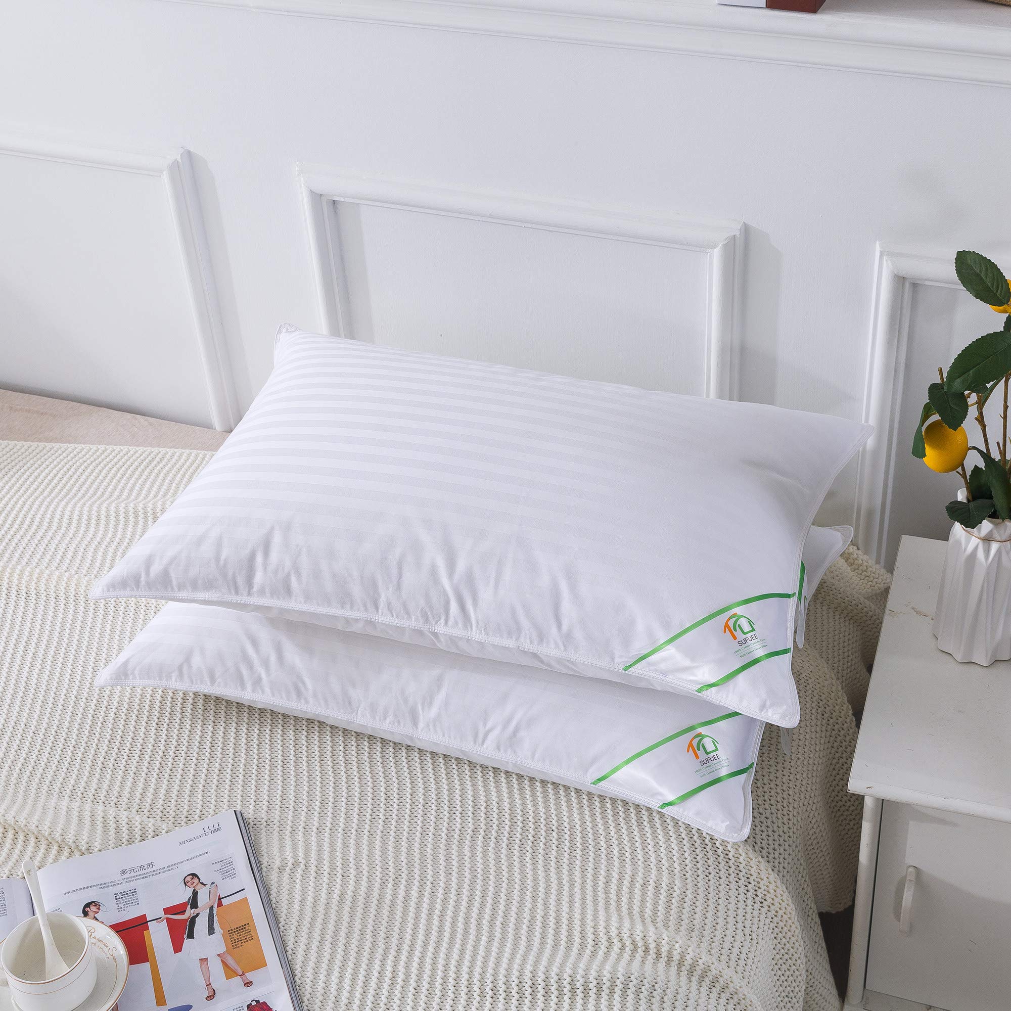 SUFUEE Goose Feather and Down Pillow Pair | 100% Cotton Cover