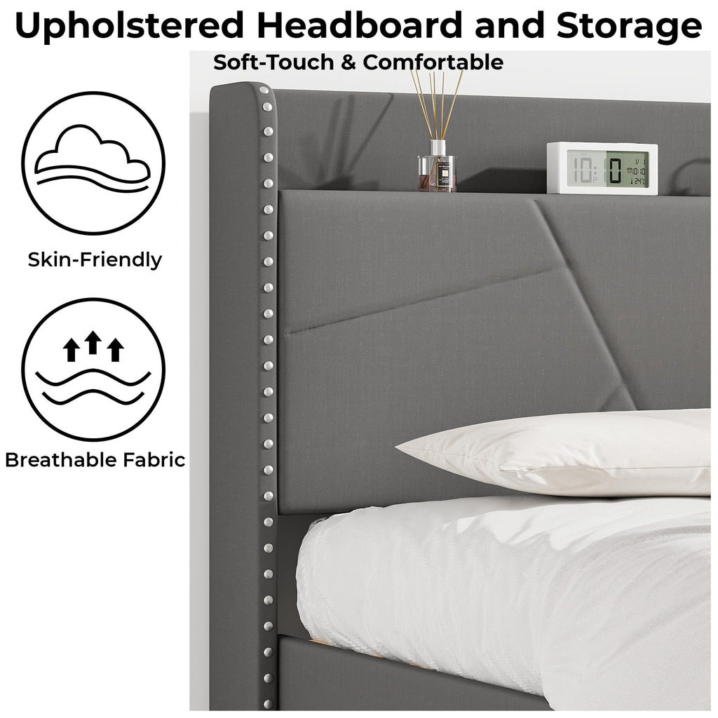IRONCK 5ft King Size Bed Frame with Charging Station, Bed Frame King with Upholstered Storage Headboard, Sturdy Wooden Slat Support - image 2
