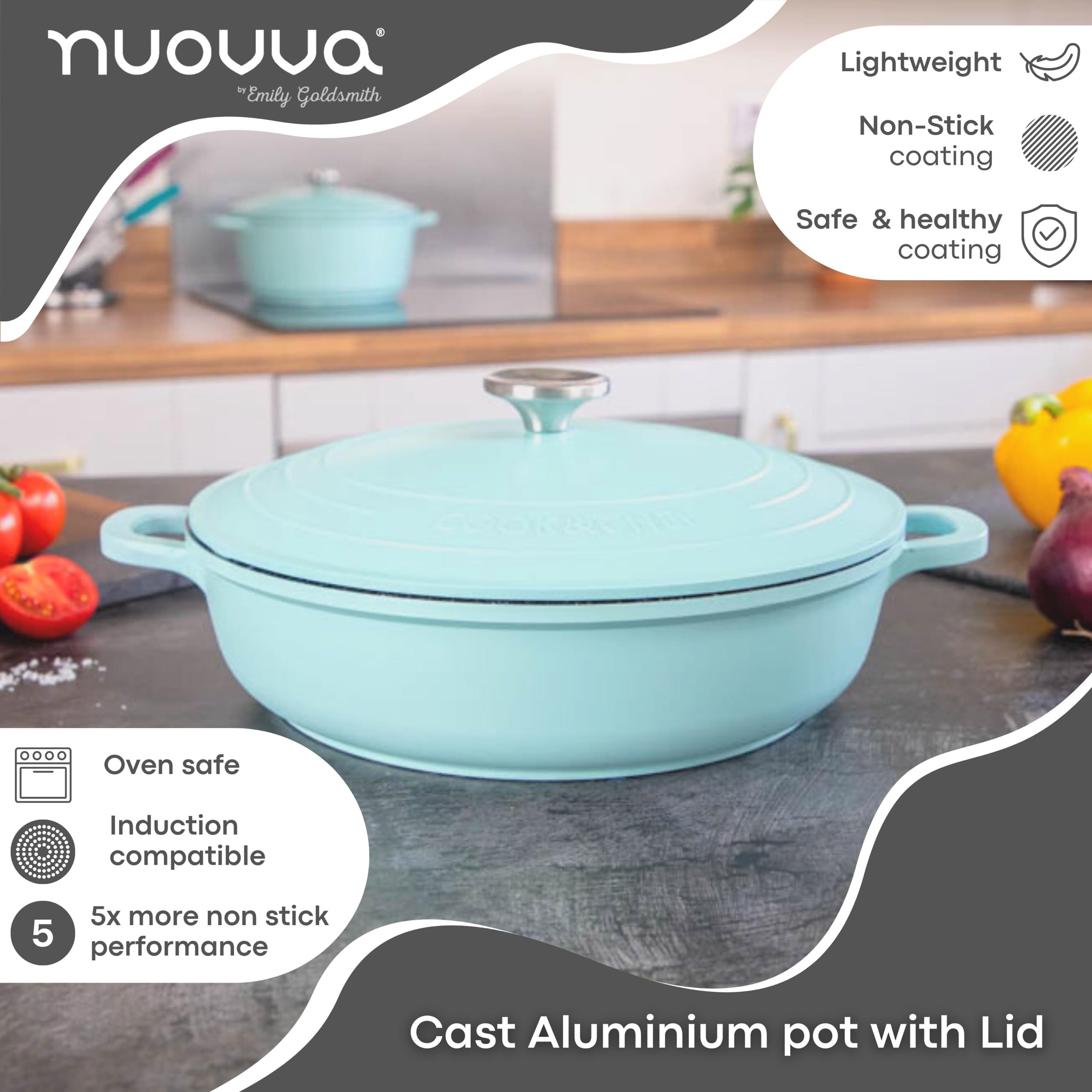 Nuovva Shallow Dutch Oven – 3.9L Non-Stick Aluminium Casserole Dish, Teal