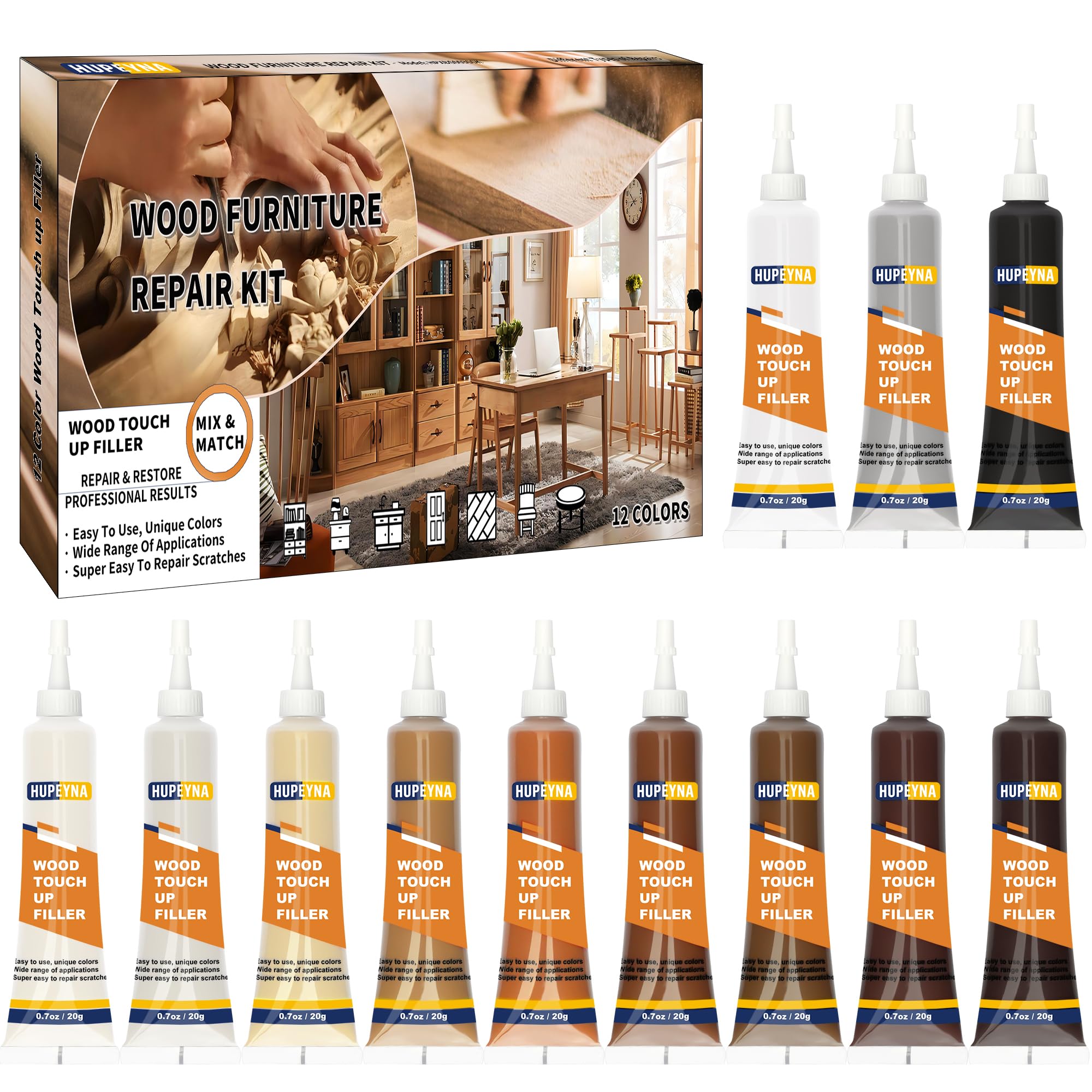 Wood Repair Kit – 12 Color Fillers for Furniture & Floors