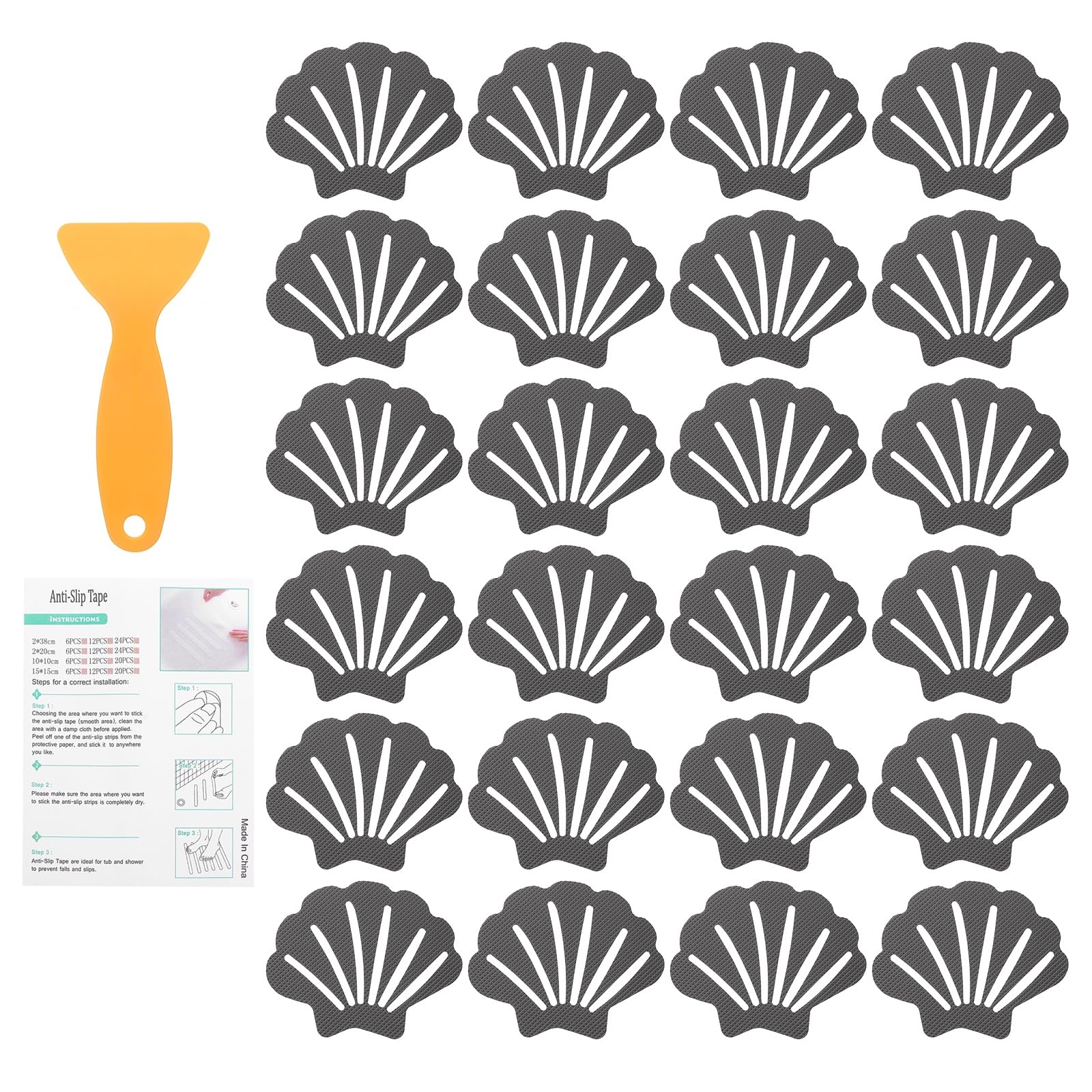 24Pcs Non-Slip Bathtub Stickers | Shell Shape PEVA Decals, Gray