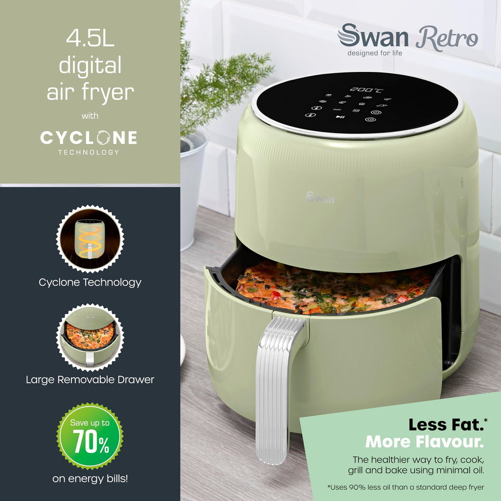 Swan Retro Digital Air Fryer – 4.5L 1500W with 8 Pre-Sets, Green