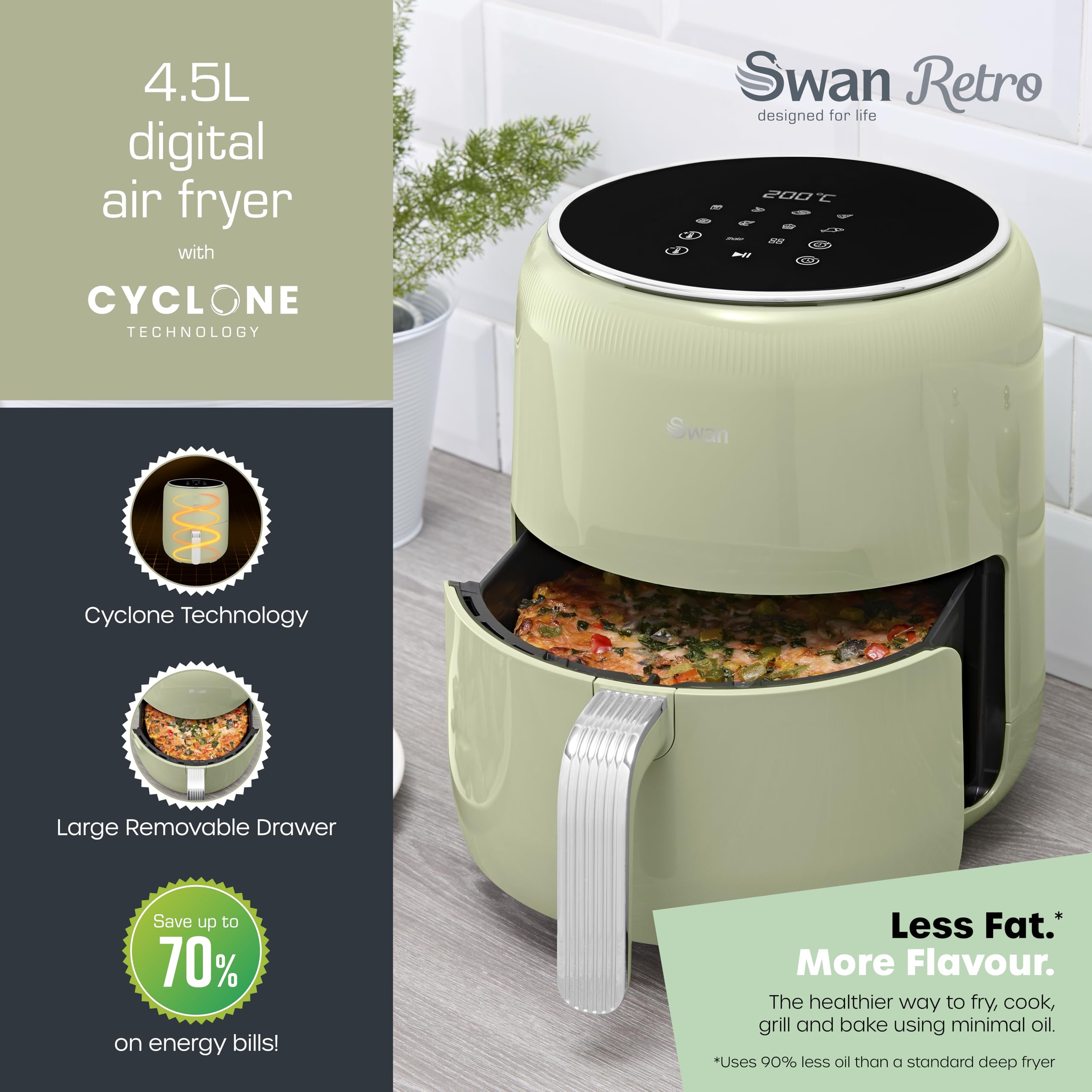Swan Retro Digital Air Fryer – 4.5L 1500W with 8 Pre-Sets, Green