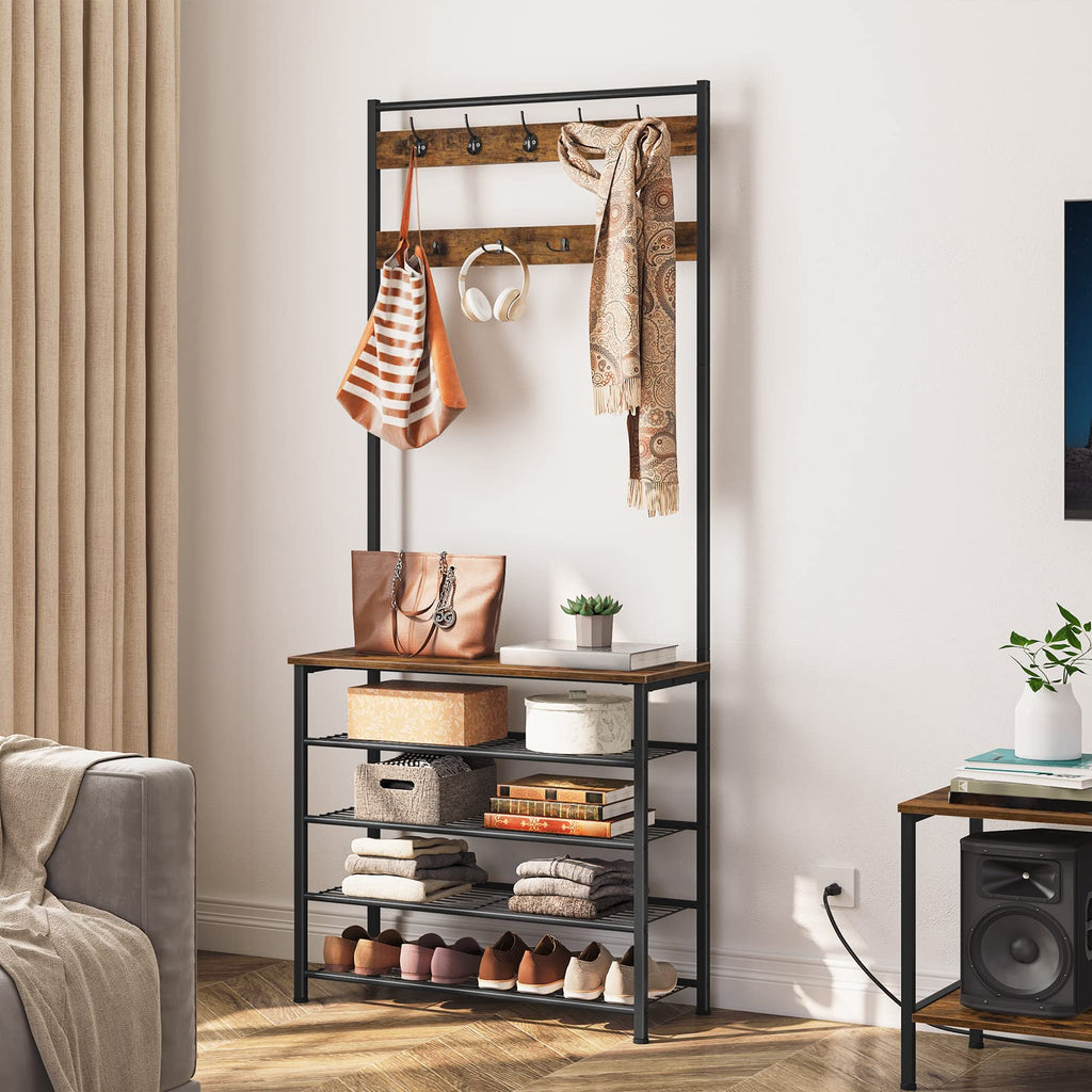 HOOBRO Hall Tree Coat Rack with Shoe Storage - Industrial Metal Frame