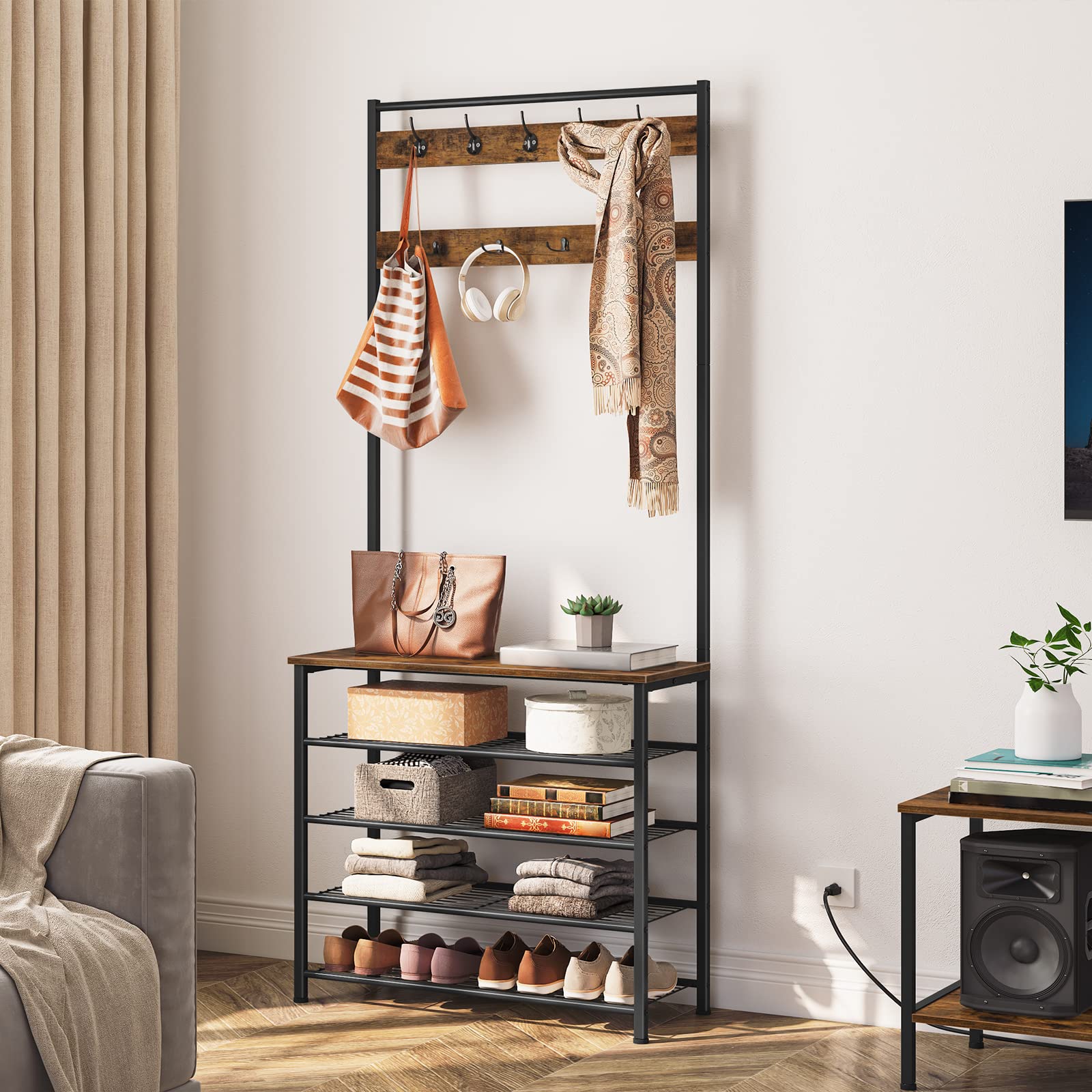 HOOBRO Hall Tree Coat Rack with Shoe Storage - Industrial Metal Frame