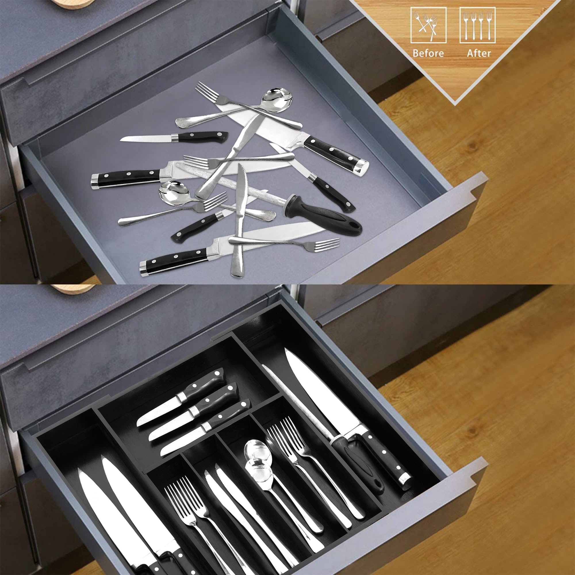 VaeFae Expandable Bamboo Drawer Organizer | 5-7 Slot Cutlery Tray - Black