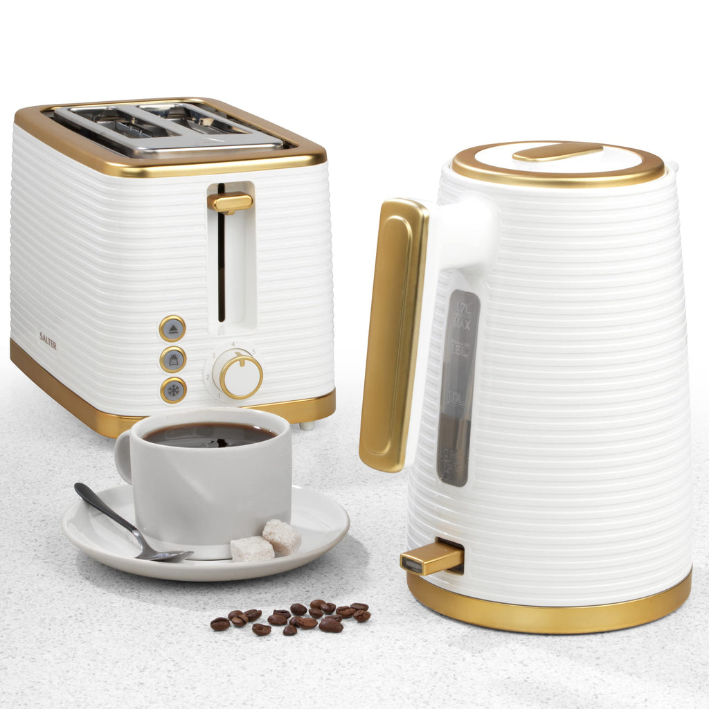 Salter Palermo Kettle and 2-Slice Toaster Set – White and Gold, 1.7L