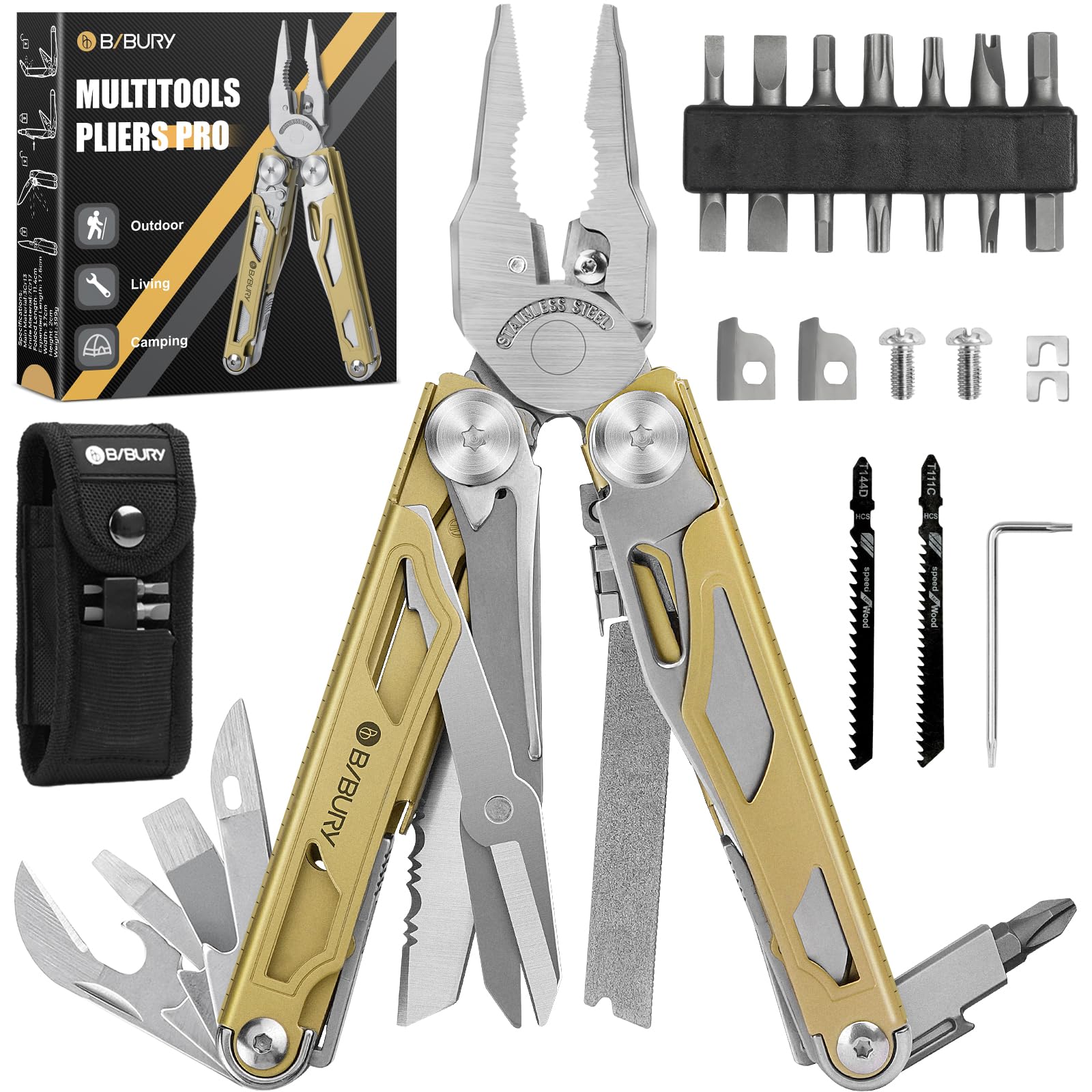 BIBURY Multitool Pliers with Scissors - Titanium Plated Stainless Steel