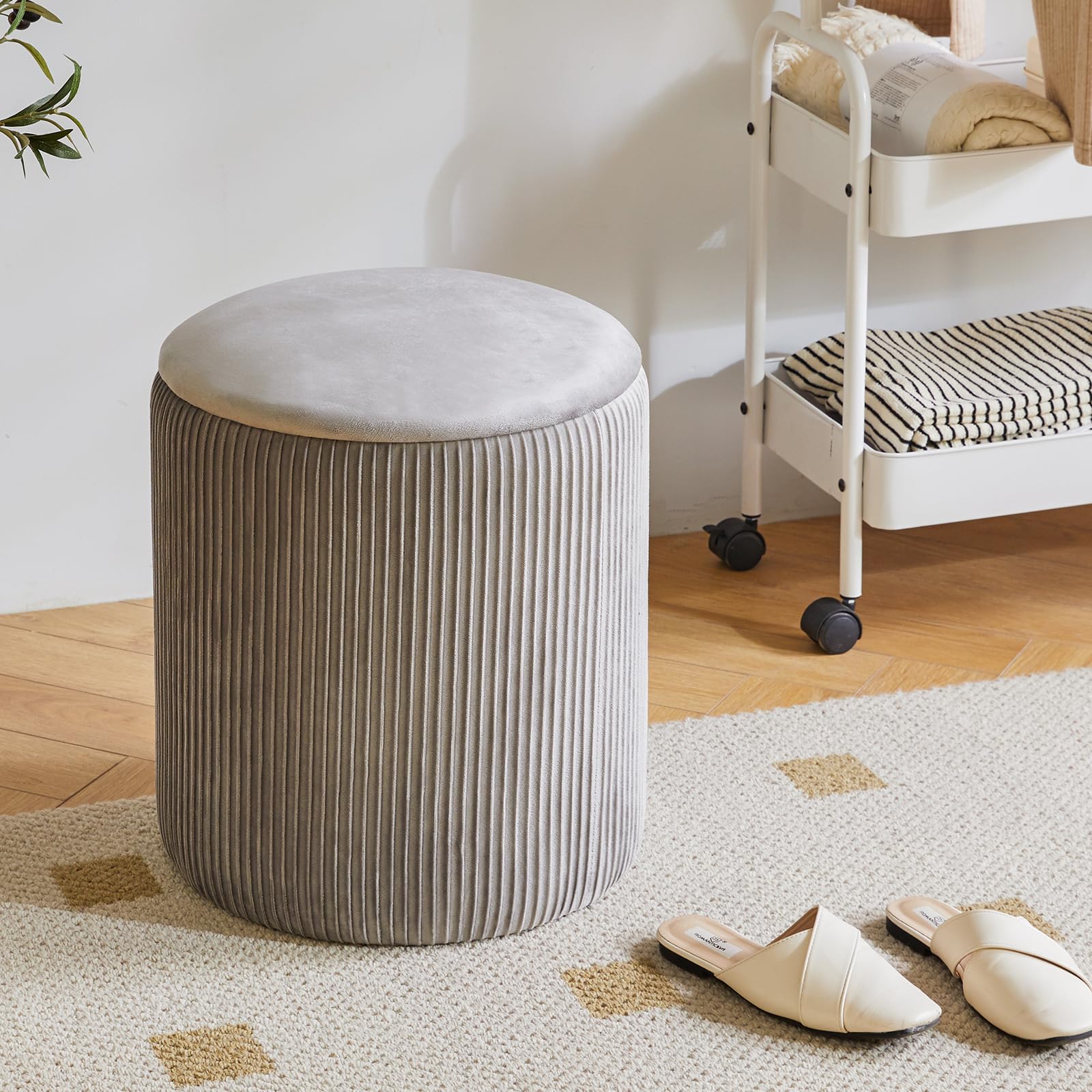 IBUYKE Set of 2 Round Storage Ottoman | Velvet Vanity Stool - Gray