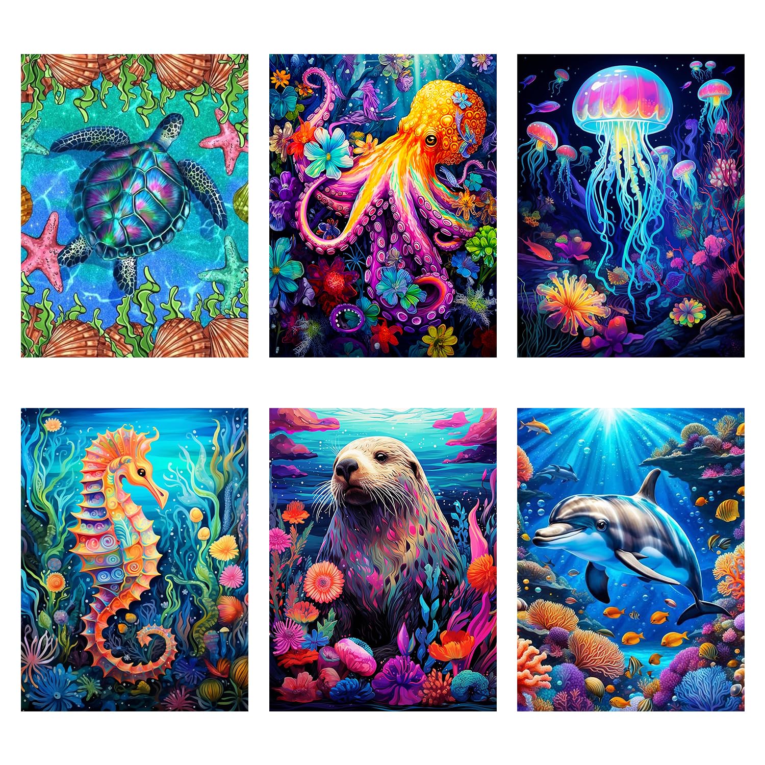 Mrnsiet 6 Pack Ocean Creatures Diamond Painting Kits for Adults, 12x16in