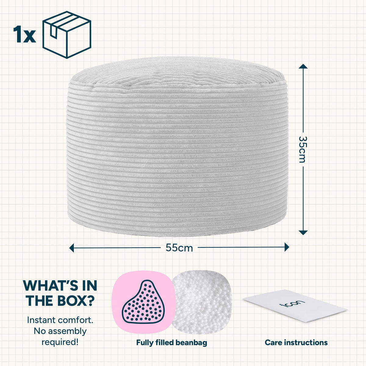 icon Milano Large Cord Bean Bag Footstool with Filling Included, Pink - image 3