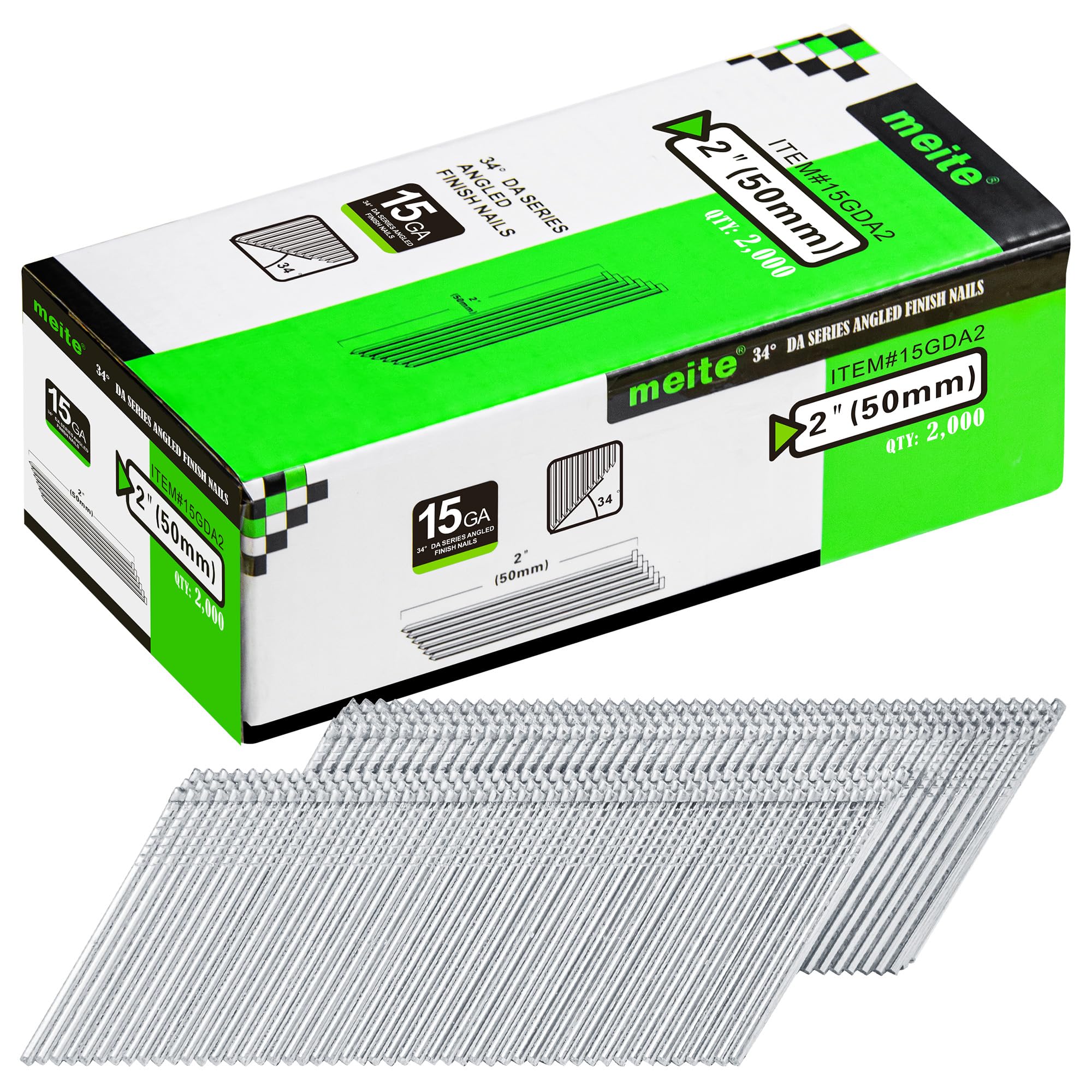 Meite 15 Gauge Angled Finish Nails | 50mm Galvanized 34 Degree – 2000ct