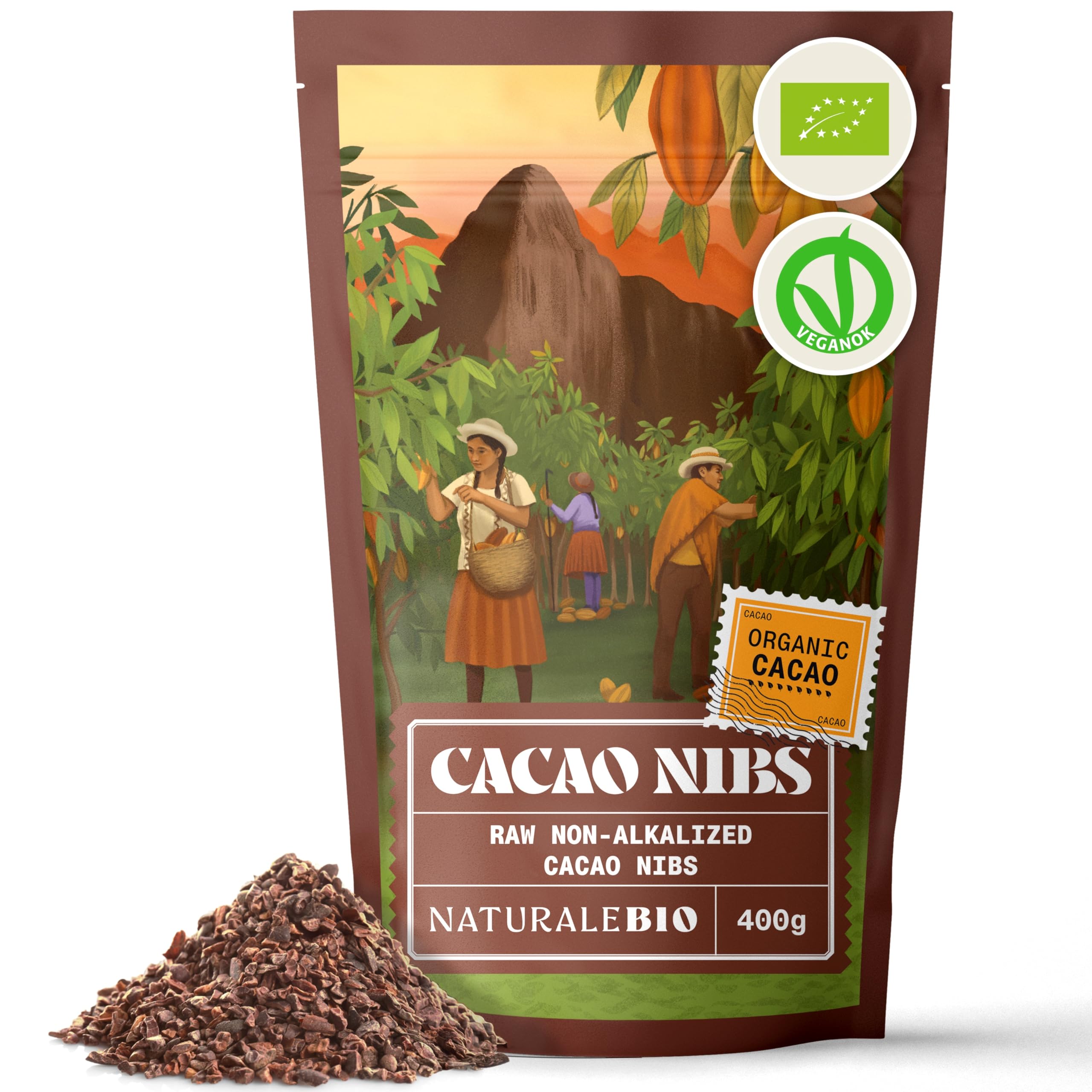 NaturaleBio Organic Raw Cacao Nibs – 400g Pure Vegan Superfood