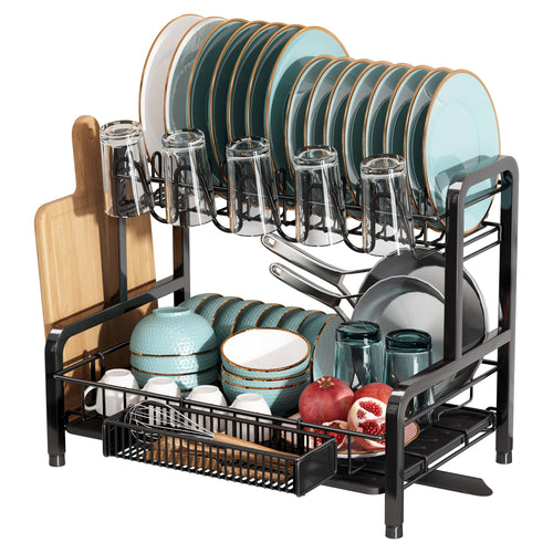 2-Tier Dish Drying Rack – Rustproof Stainless Steel with Drip Tray