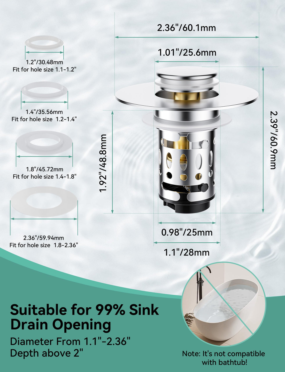 Magichome 2 Pack Bathroom Sink Plug fit for 28-45mm Basin Holes - image 2