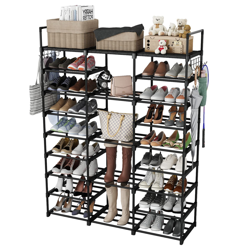 Finew 9-Tier Metal Shoe Rack | 50-55 Pair Stackable Storage Organizer - Black