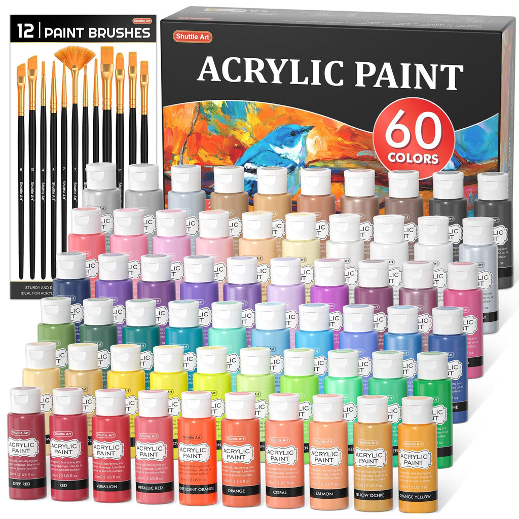 Shuttle Art 72 Pack Acrylic Paint Set - 60 Colors with 12 Brushes