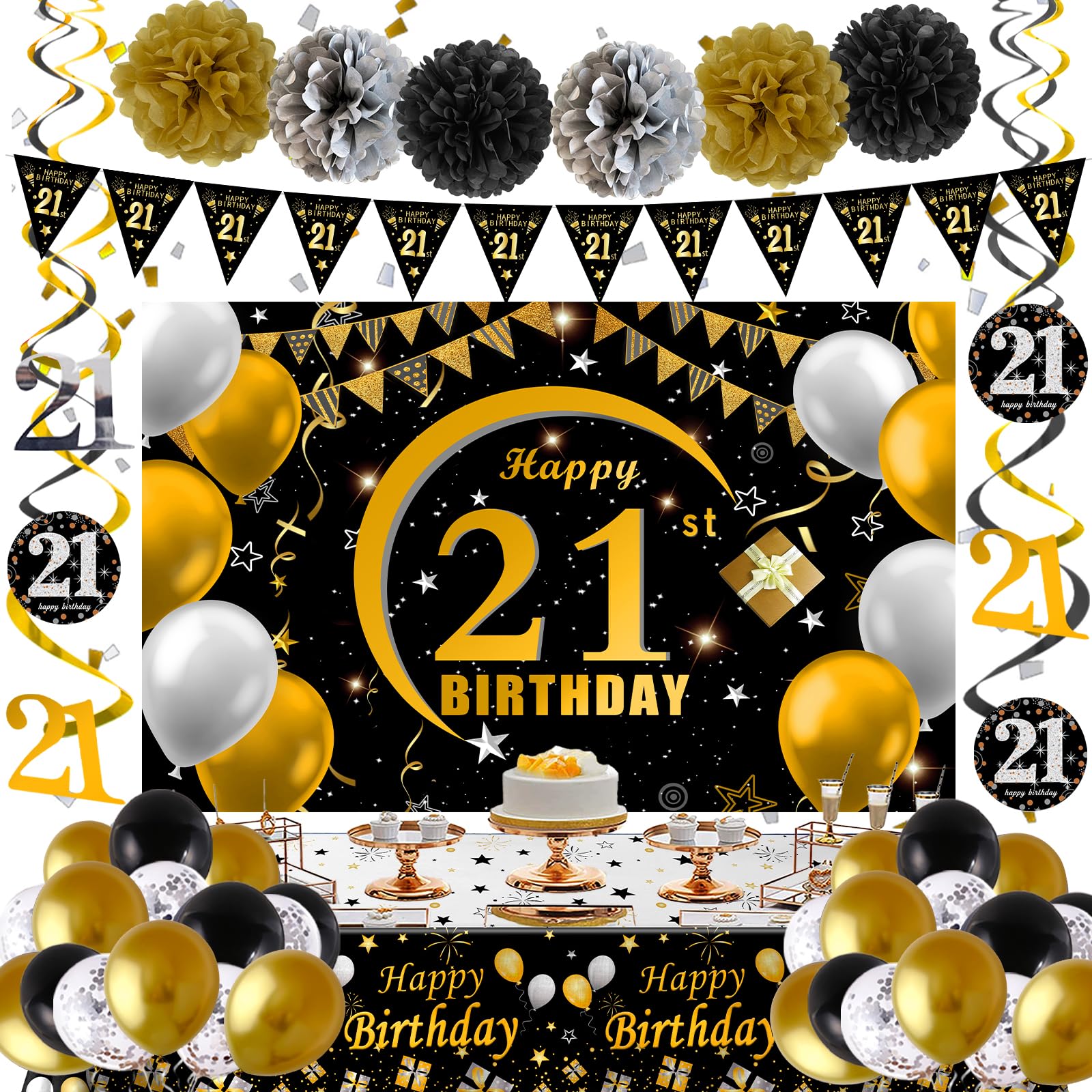 21st Birthday Decorations Kit | Black and Gold Party Supplies