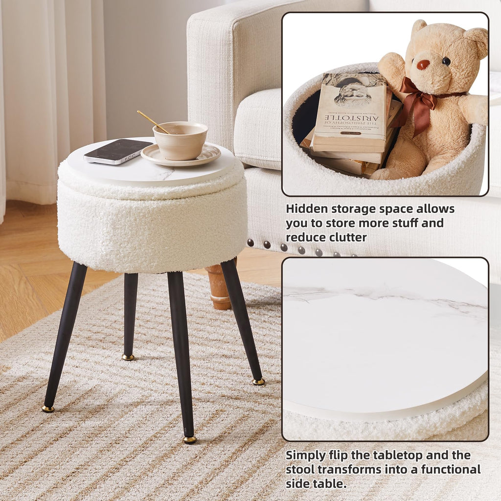 Aibiju Round Storage Vanity Stool | Faux Teddy Fur Makeup Chair with Metal Legs