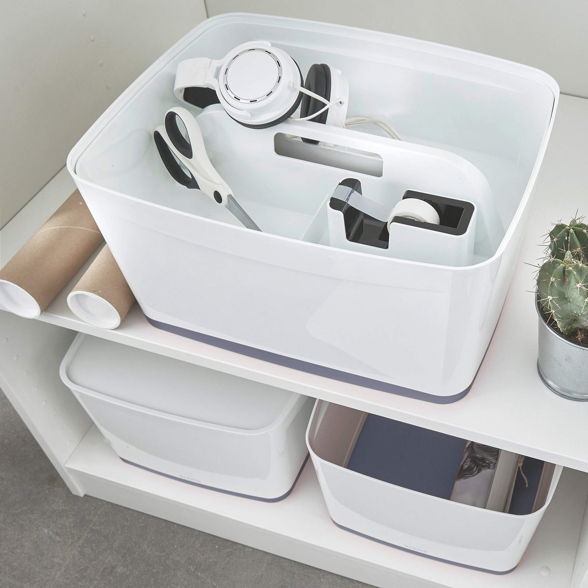 Leitz Large MyBox with Lid, Storage Box for Home and Office, High Gloss Plastic,18 Litre, A4, White/Grey - image 5