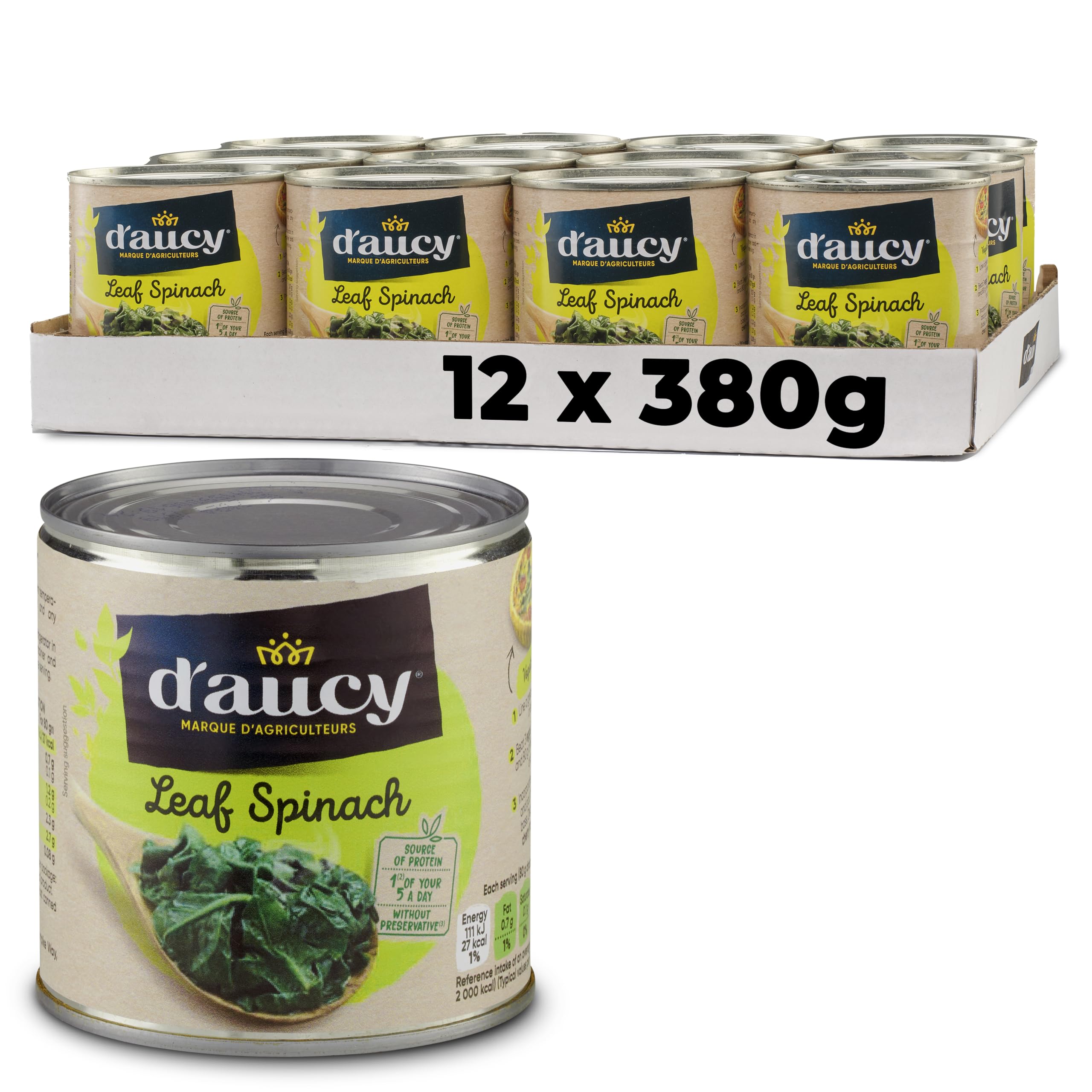 D'aucy Spinach Leaf - Canned Whole Leaf Vegetables - 12 x 380g Bulk