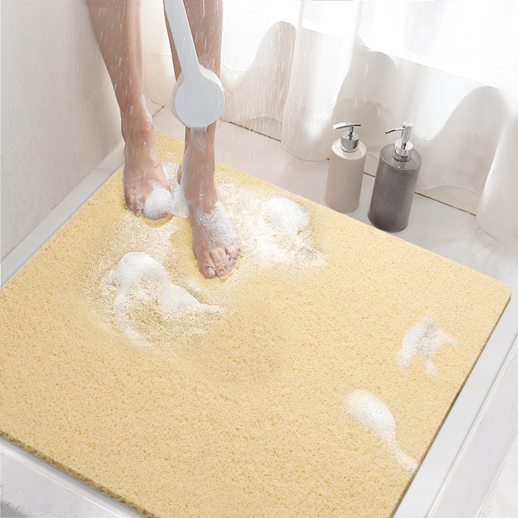 HITSLAM Non Slip Shower Mat – 60x60cm Soft PVC Loofah Bath Mat, Beige