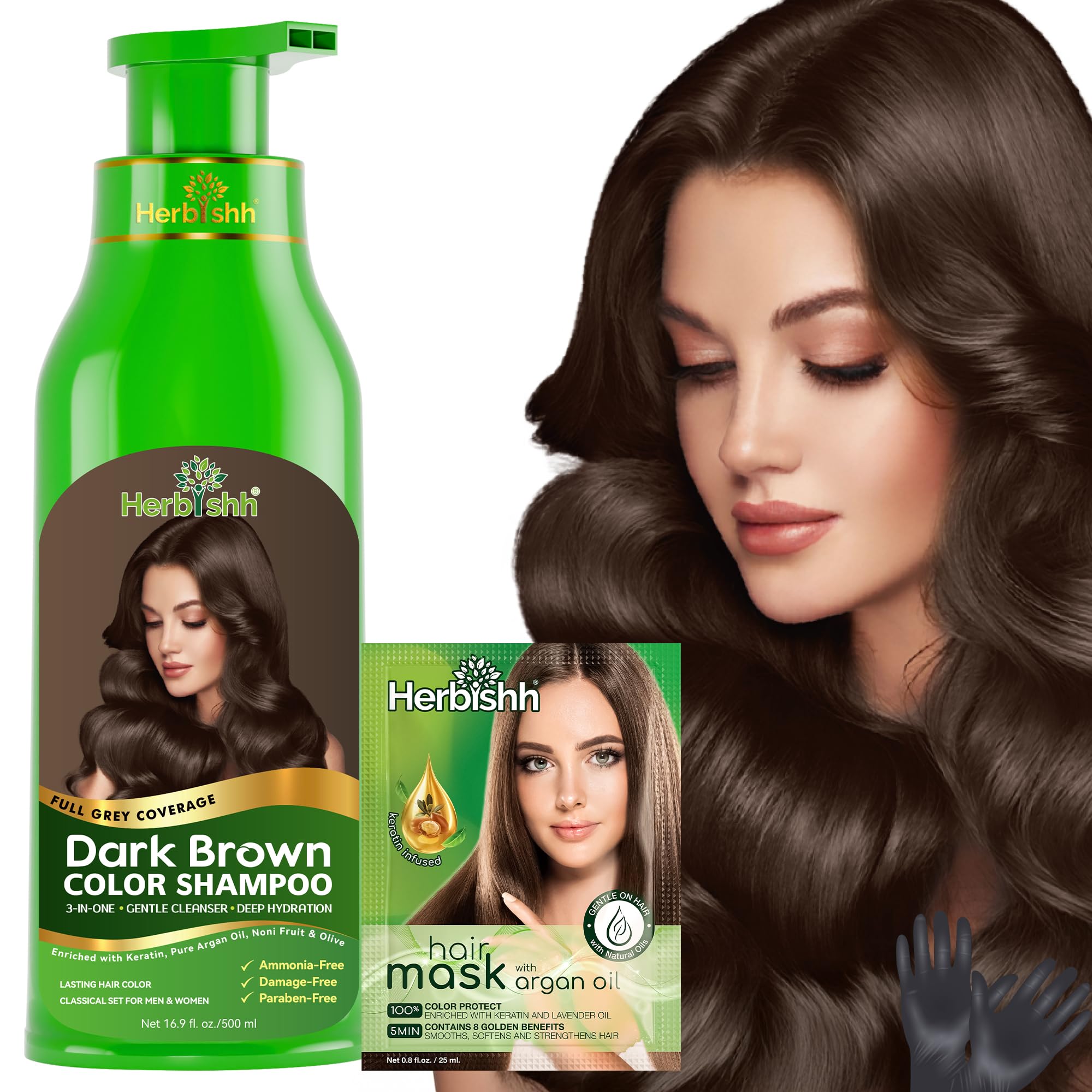 Herbishh Hair Color Shampoo | 3-in-1 Ammonia-Free Dye - Dark Brown (500ml)