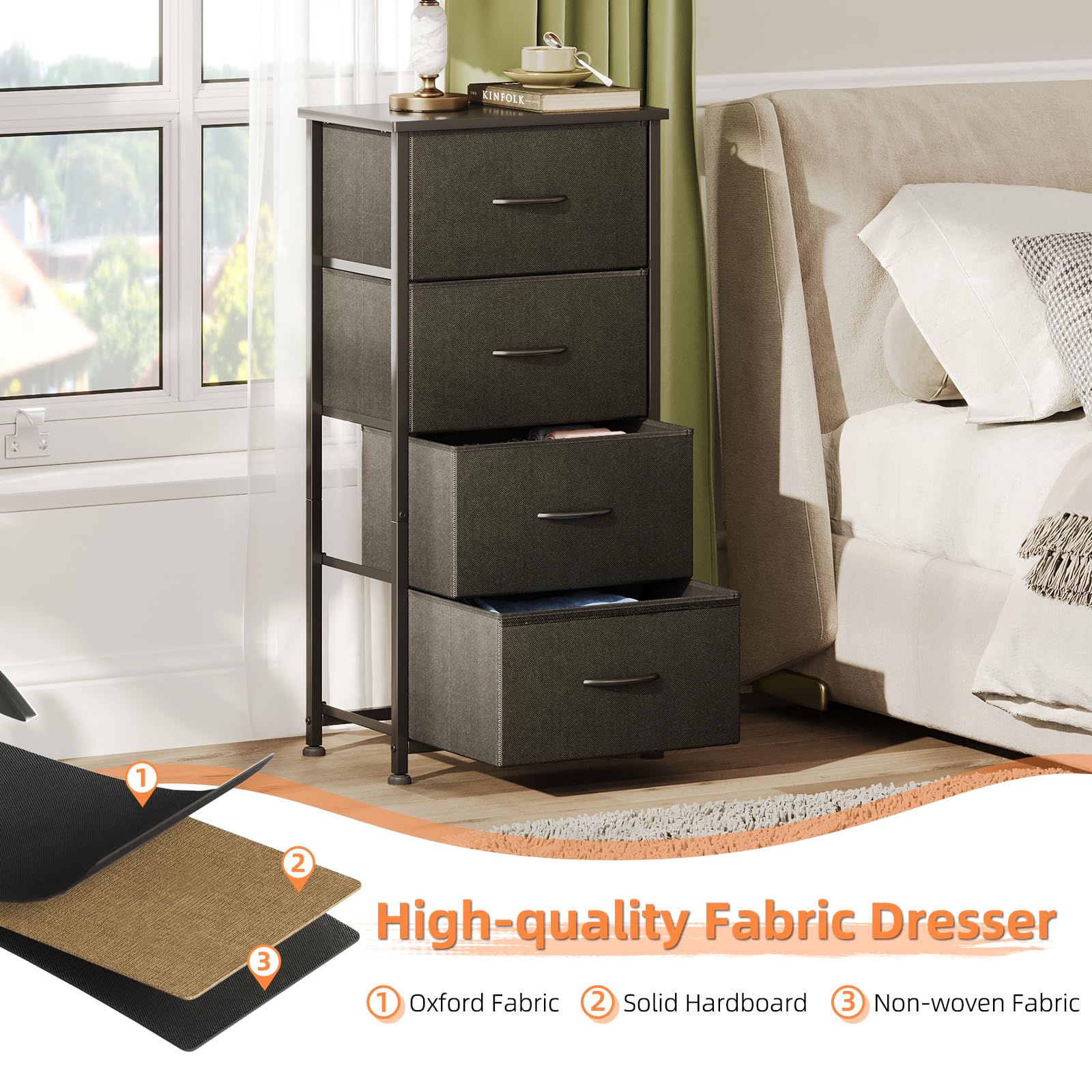 4-Drawer Tall Dresser – Black Chest with Curved Edges