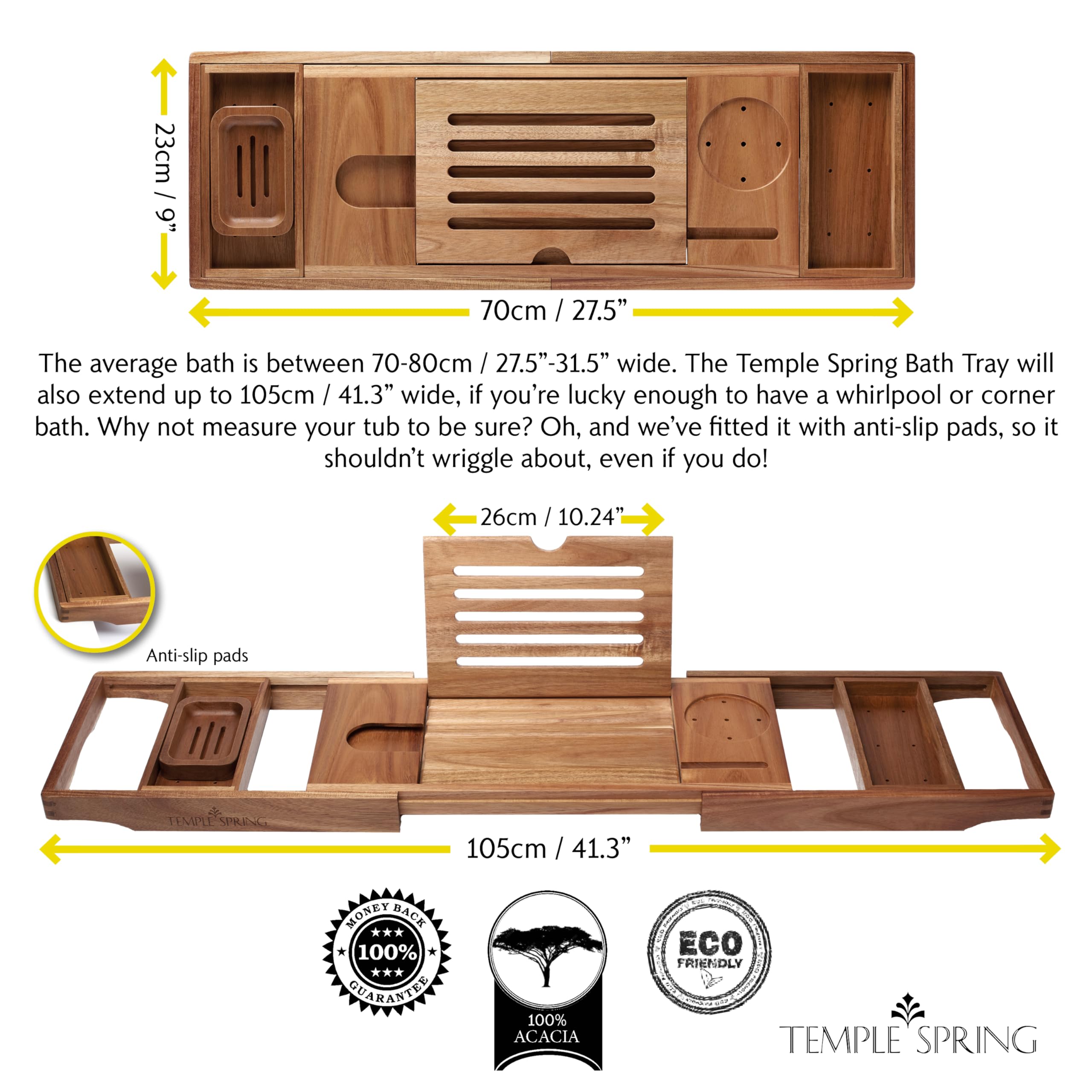 Temple Spring Acacia Wood Bath Tray – Extendable Bathtub Caddy Shelf