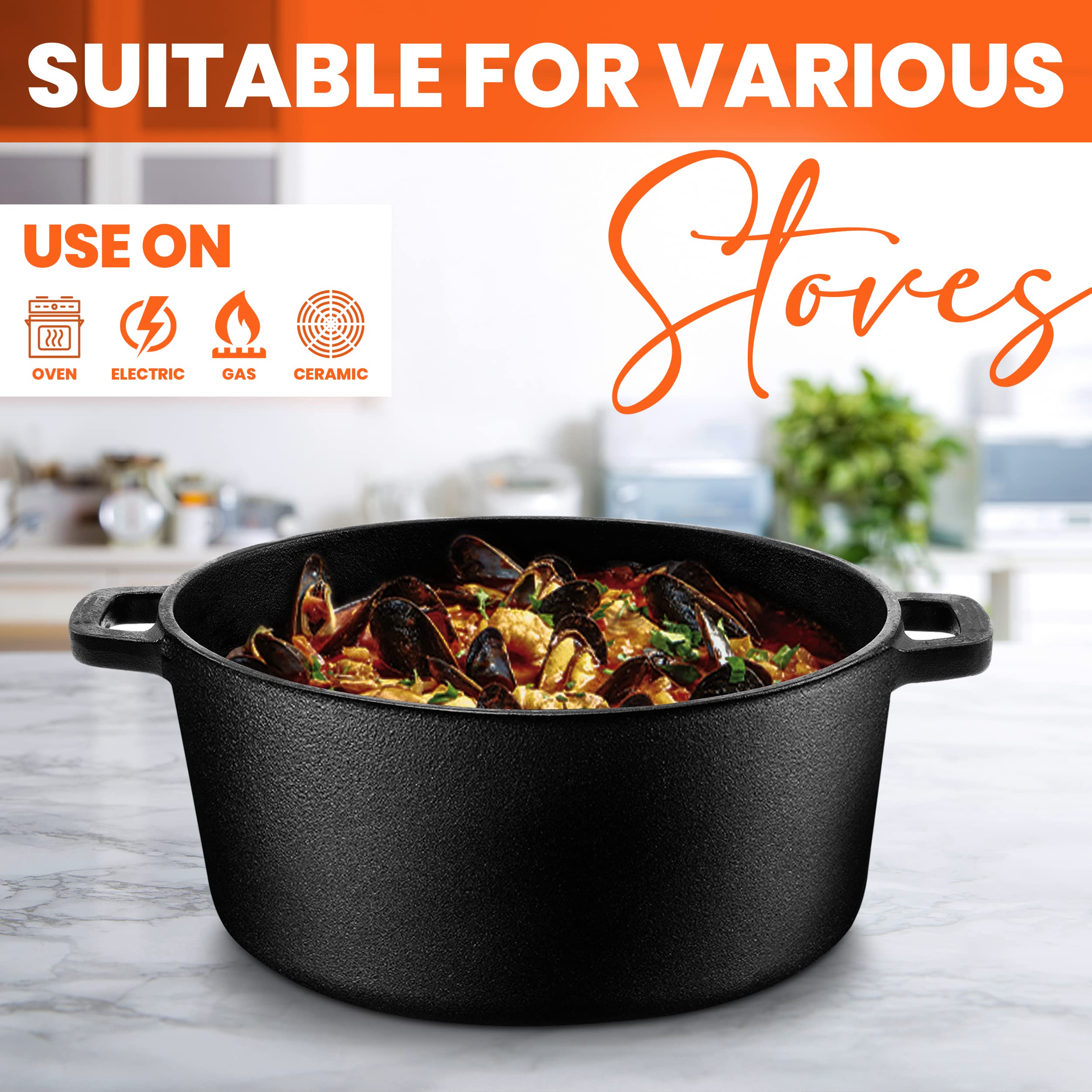 KICHLY 5 Qt Pre-Seasoned Cast Iron Dutch Oven with 2-in-1 Griddle Lid