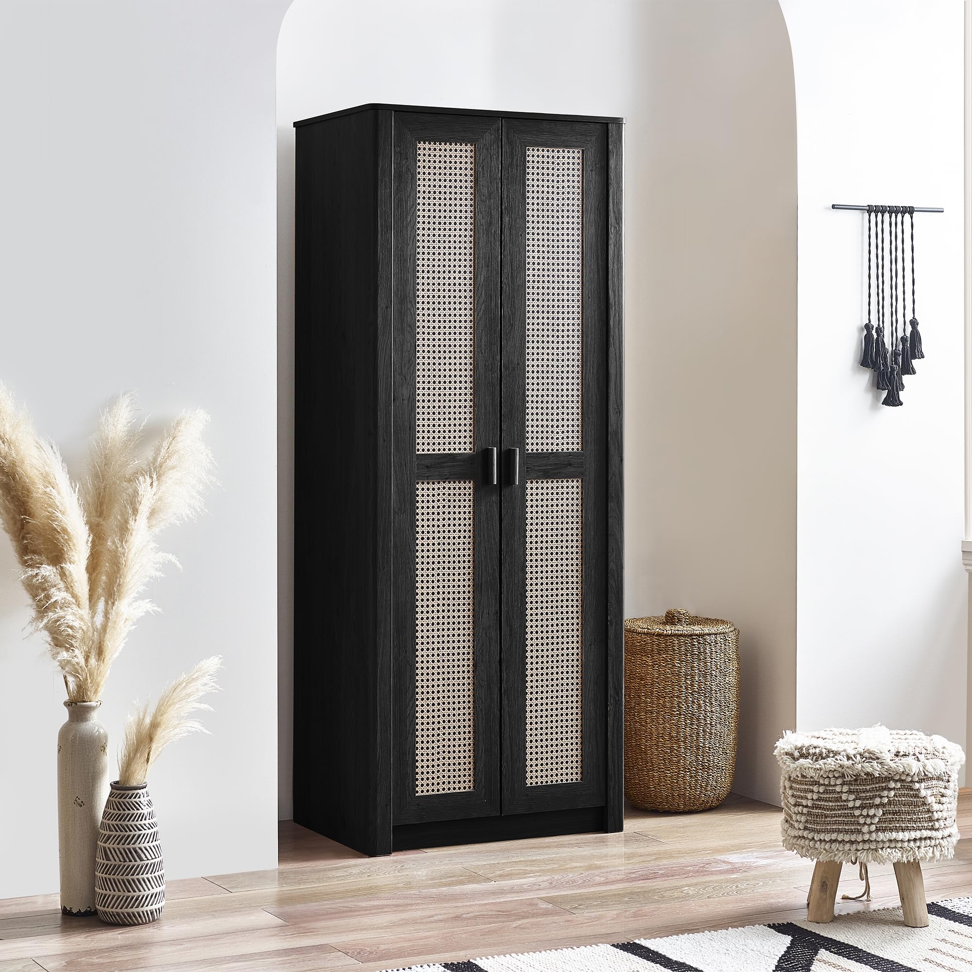 Julian Bowen Sydney 2 Door Wardrobe – Black Ash & Rattan Print Storage