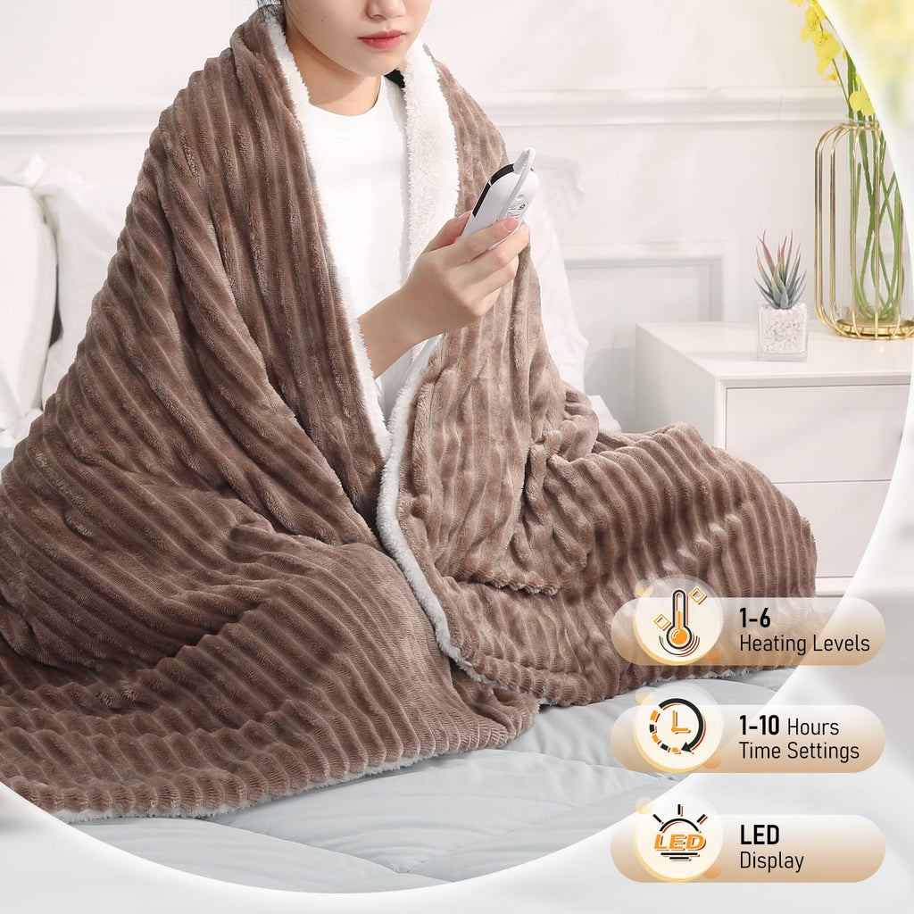 CURECURE Electric Heated Blanket – Ribbed Flannel & Sherpa Throw, 180x130cm