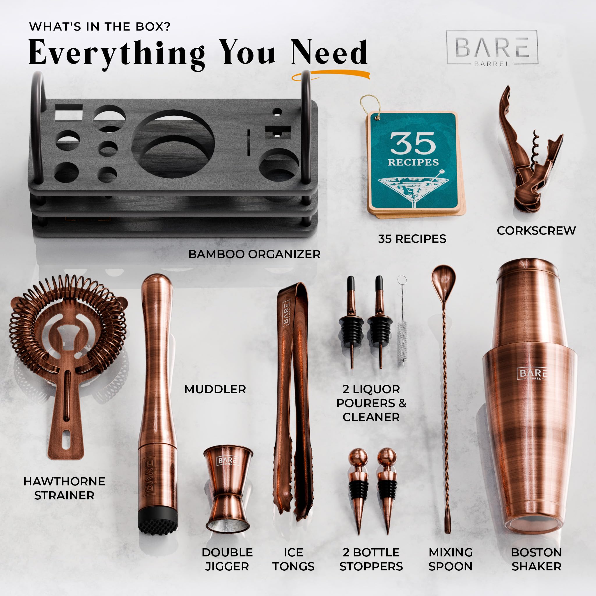 Bare Barrel 14-Piece Cocktail Making Kit with Bamboo Stand & Recipes