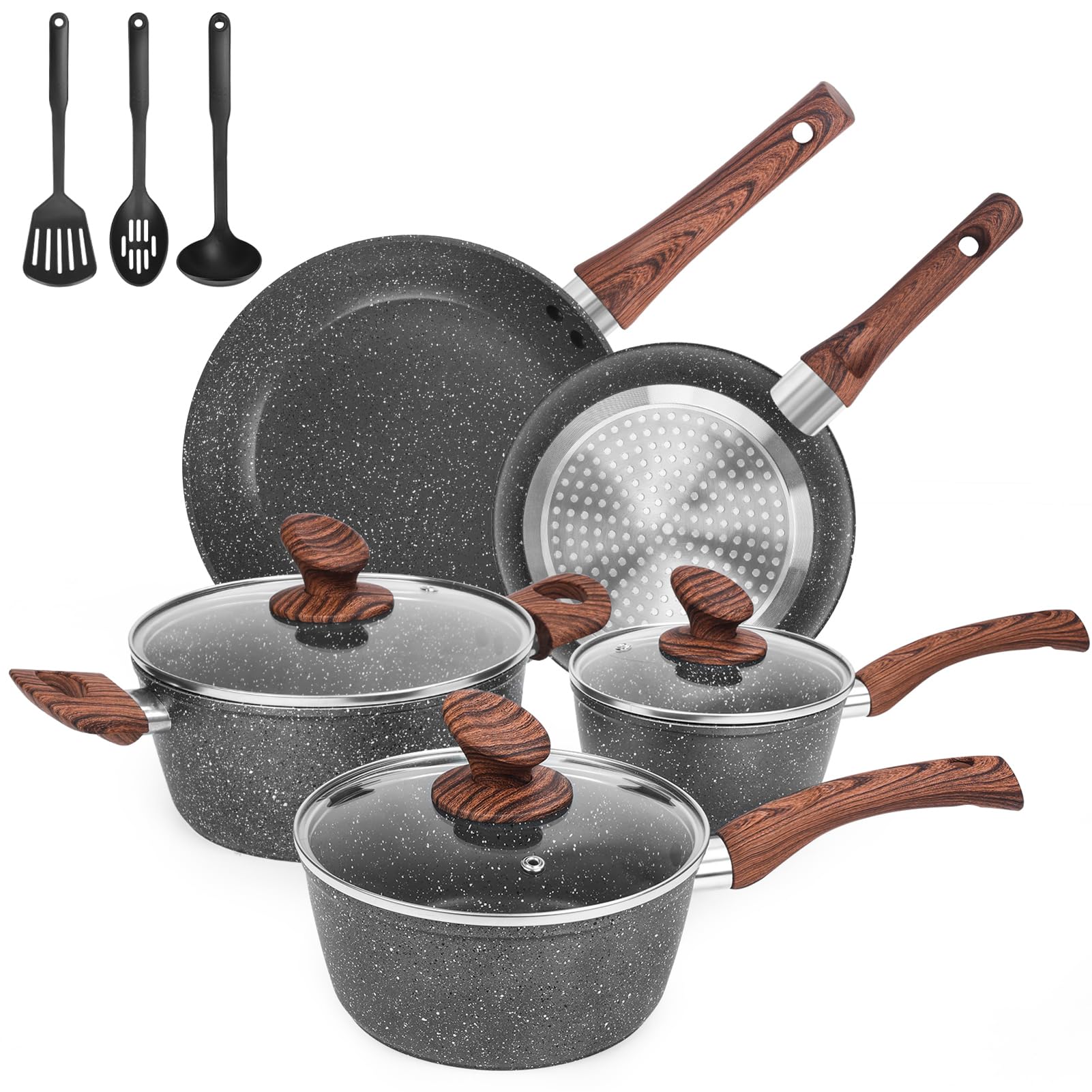M MELENTA 11-Piece Non-Stick Granite Cookware Set | Induction Pan Set