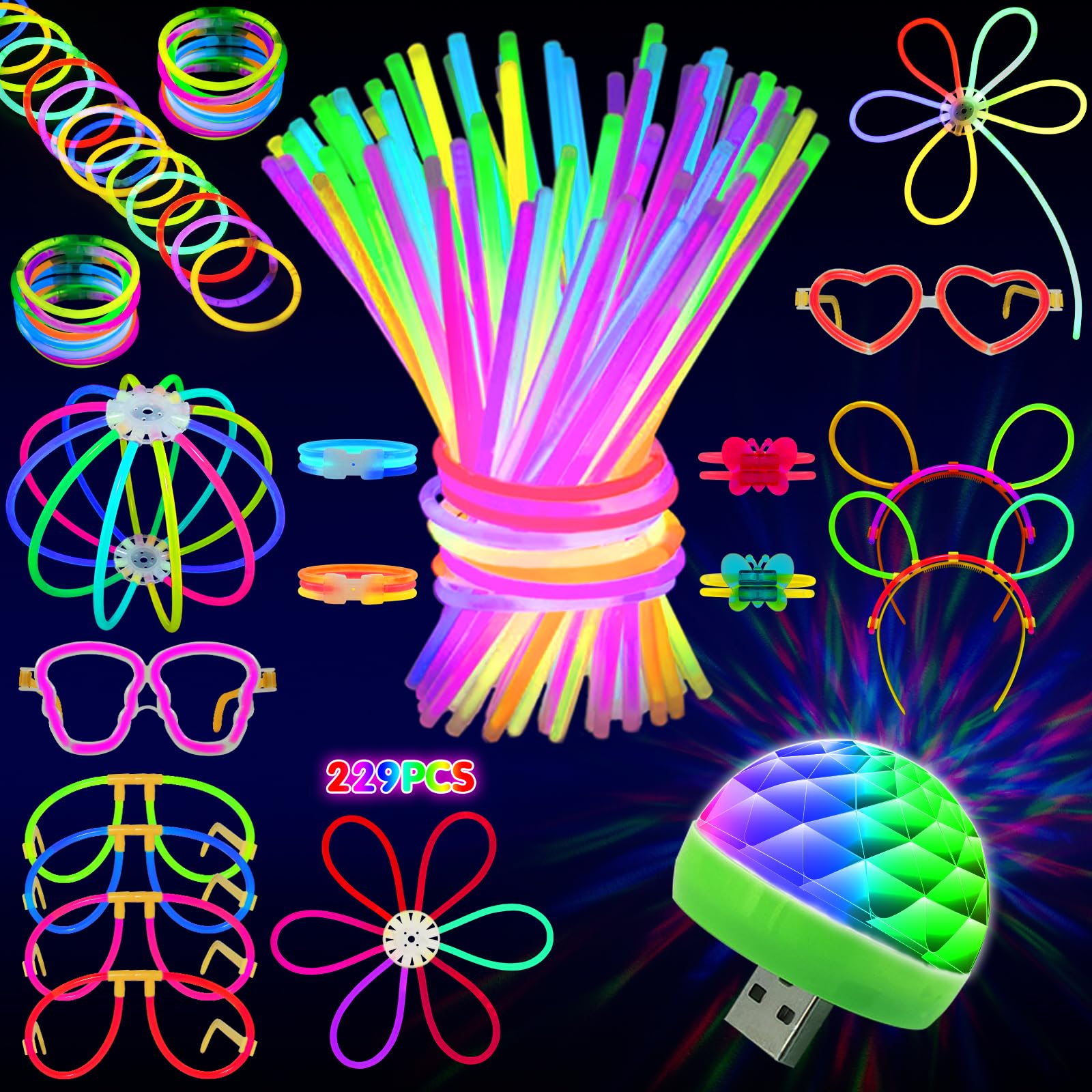 MOSSDNAR 229pcs Glow Sticks Party Pack with USB Mini Disco Light