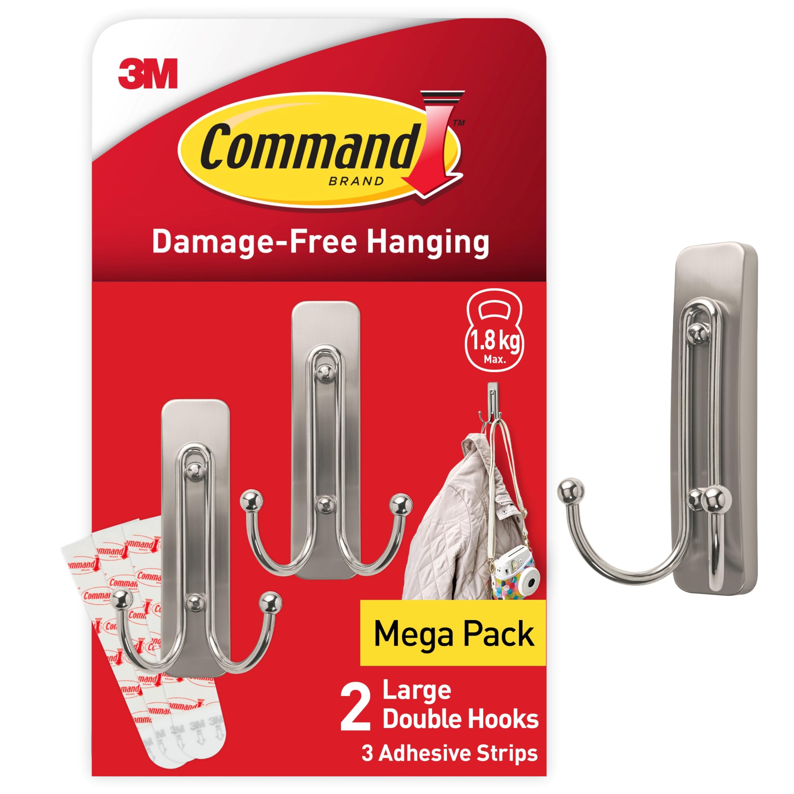 Command Brushed Nickel Metal Decorative Hooks, Damage-Free - 2 Pack