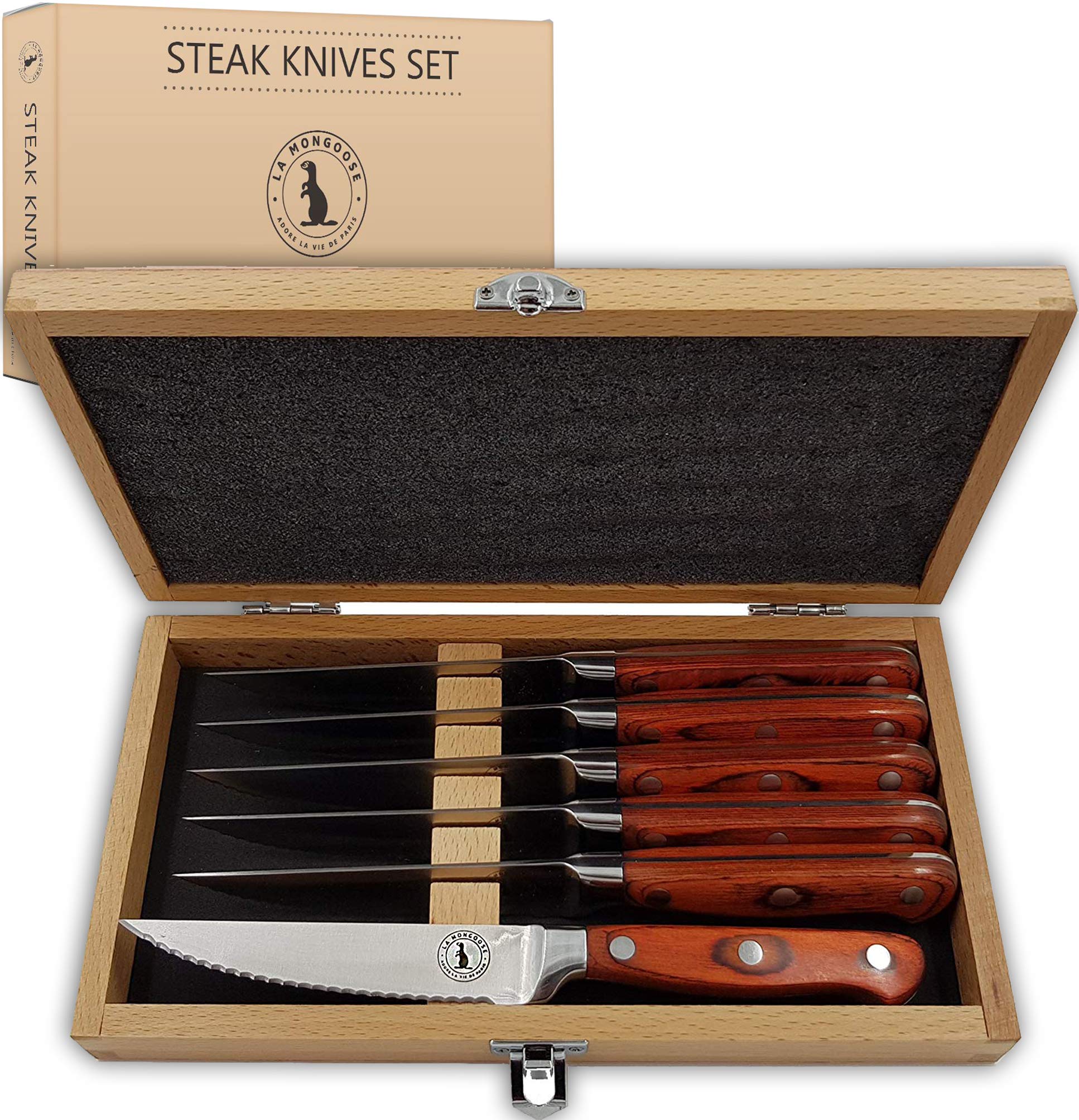 La Mongoose Steak Knife Set - 6pc German Steel with Pakkawood Handles