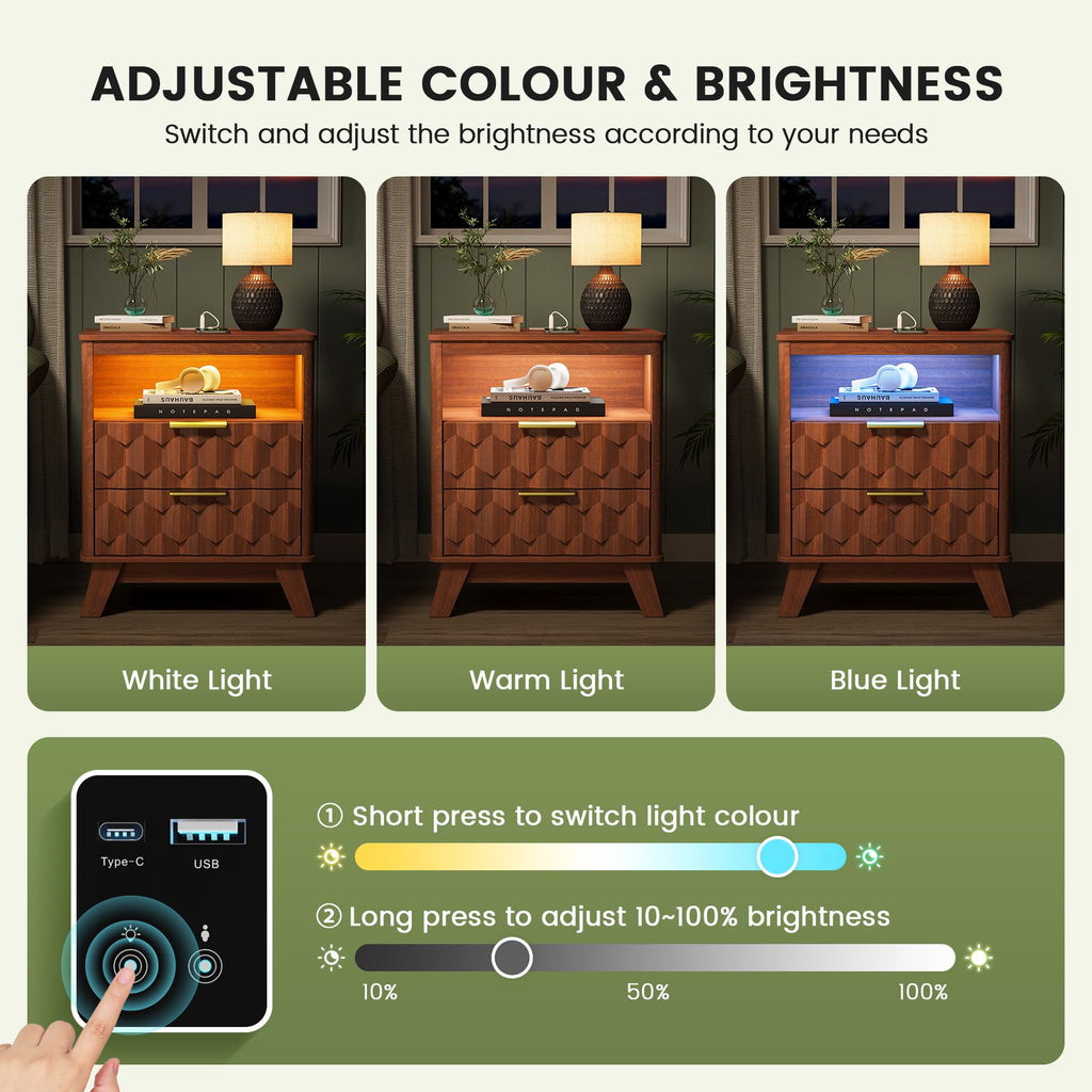 Gurexl Led Bedside Tables with USB and Human Body Sensor for Bedroom,Walnut