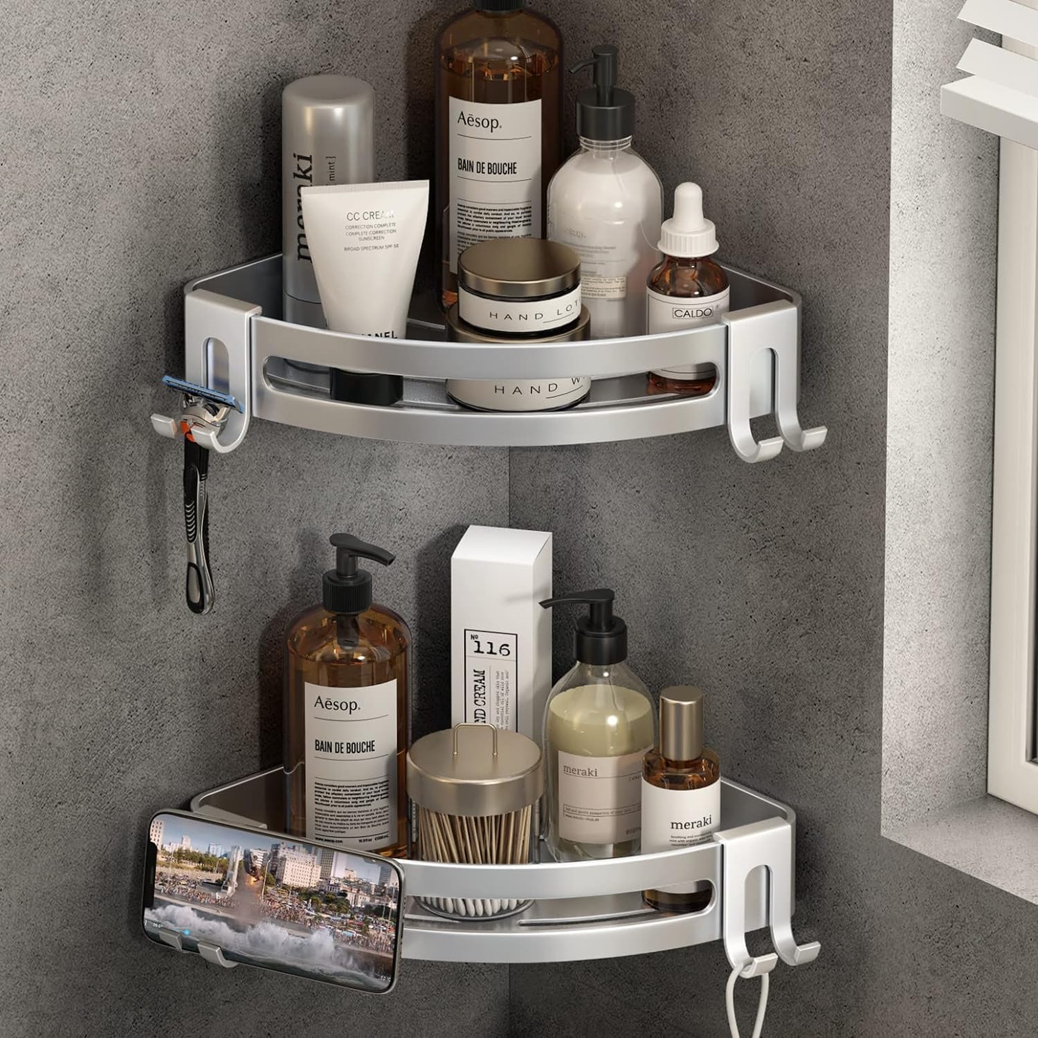 Voldra Corner Shower Caddy | Aluminum No-Drill Bathroom Shelf (2-Pack)