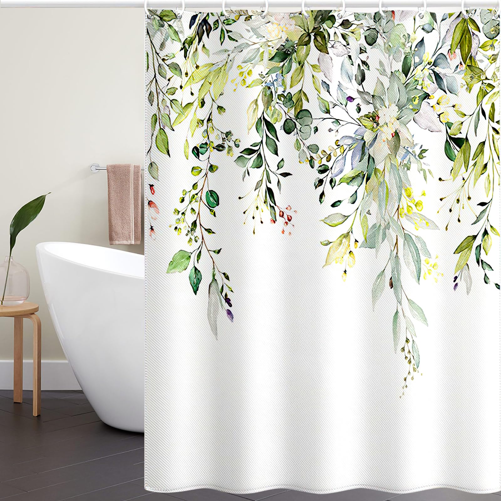 TOTSUN Green Floral Fabric Shower Curtain – Waterproof & Anti-Mold