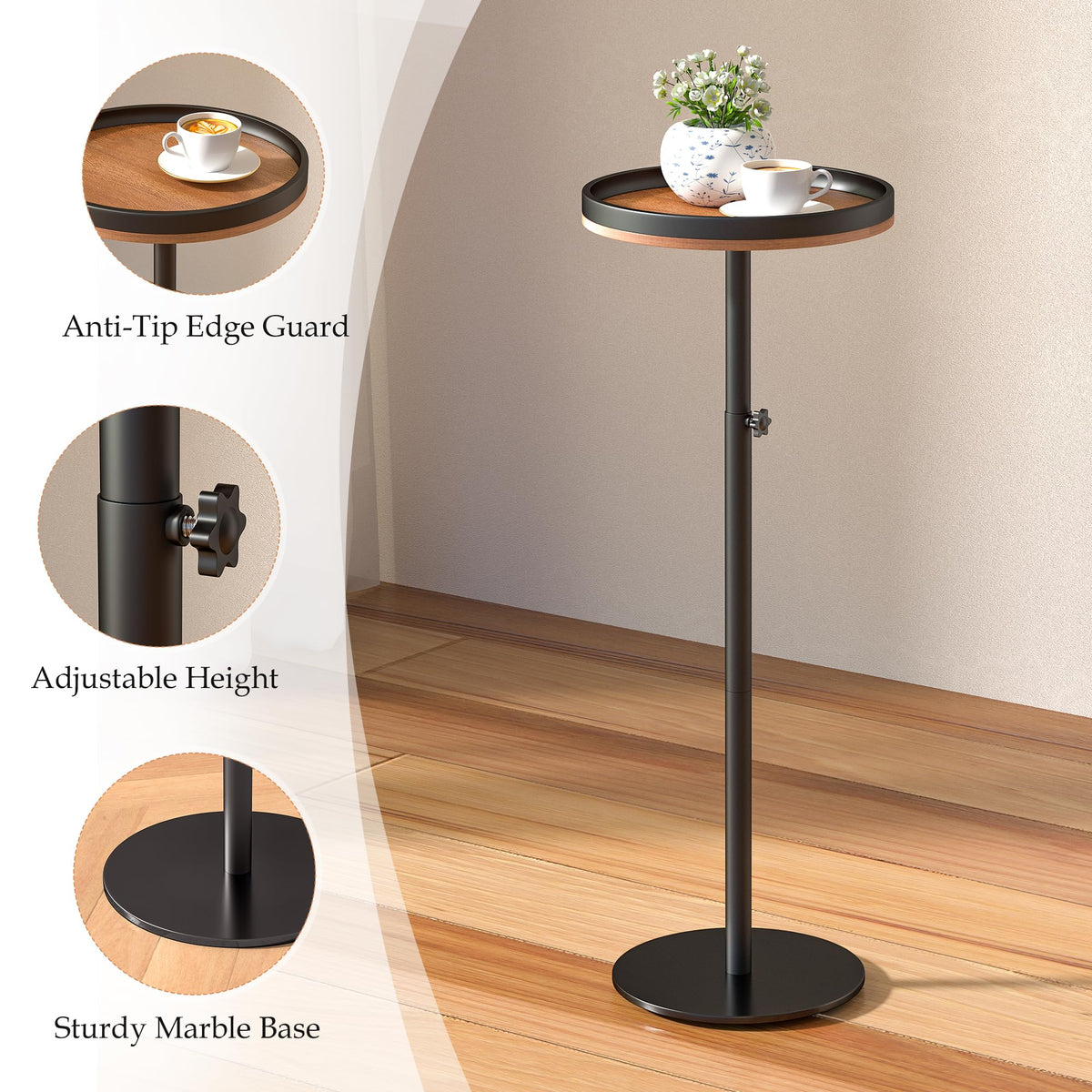 KEENSUNI Small Round Side Table,Drink Table,Martini Table with Marble Pedestal for Small Space, Living Room,Bedroom,Sofa Couch Walnut