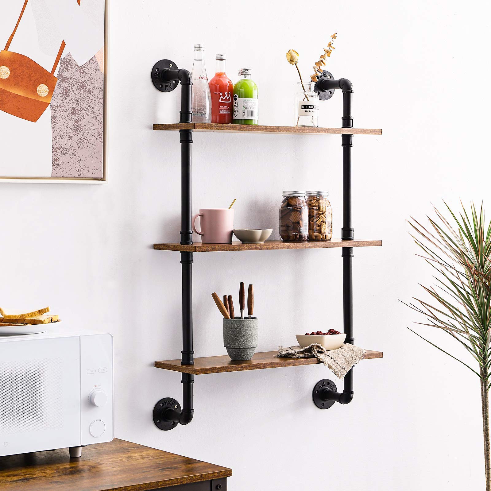 IBUYKE Industrial Pipe Floating Shelves | 3-Tier Wood Wall Storage